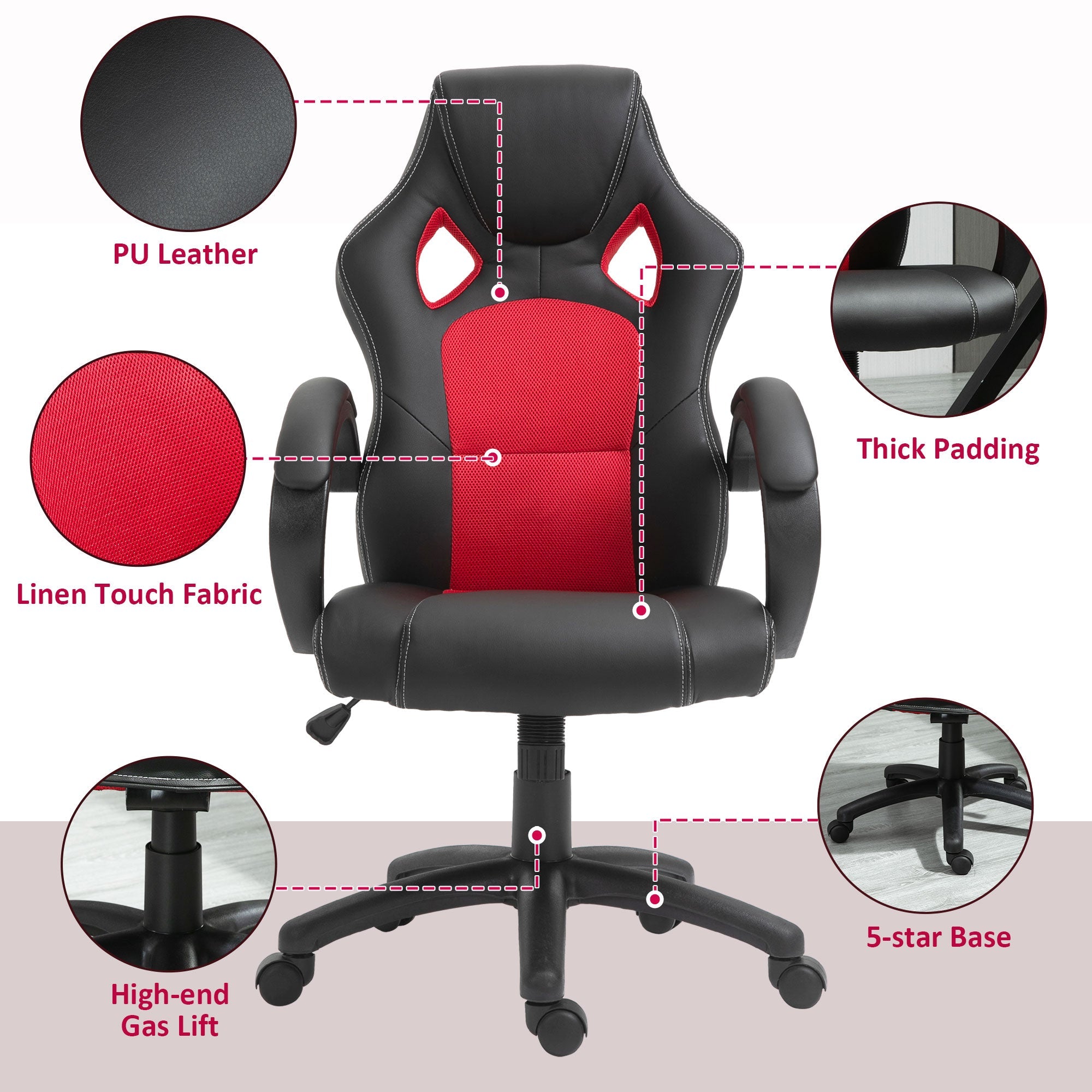 Racing Gaming Chair High Back Office Chair Computer Desk Gamer Chair with Swivel Wheels, Padded Headrest, Tilt Function, Red Video Game Chairs   at Gallery Canada