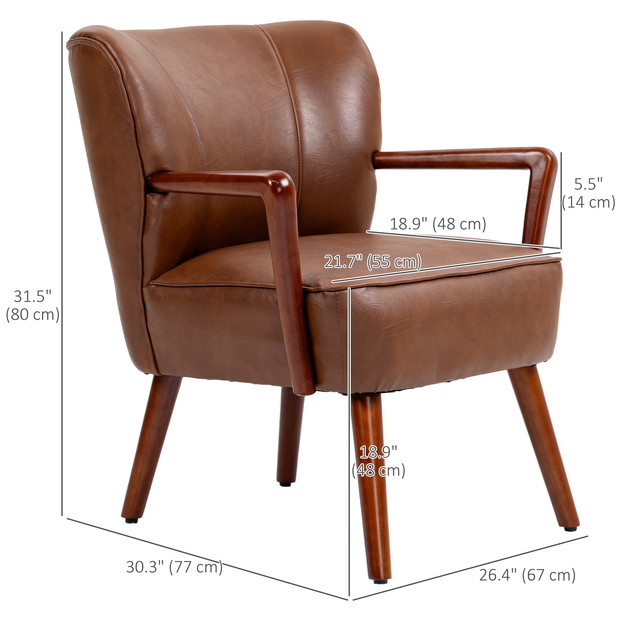 Accent Chair, Modern Armchair, Faux Leather Upholstered Living Room Chair with Wood Legs and Wide Padded Seat, Brown Accent Chairs   at Gallery Canada