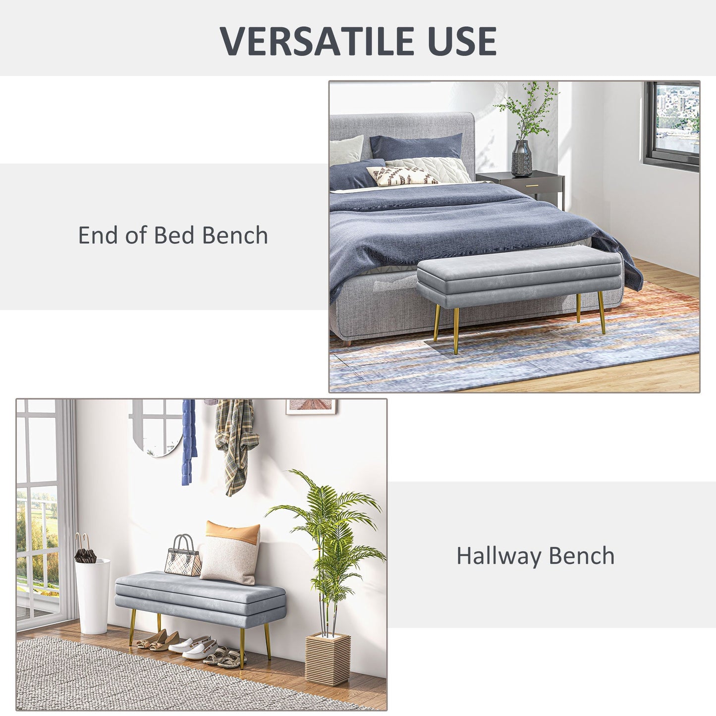 End of Bed Bench, Velvet-feel Upholstered Bench with Thick Padded Seat and Steel Legs, Modern Bedroom Bench, Dark Grey Storage Ottomans & Benches   at Gallery Canada