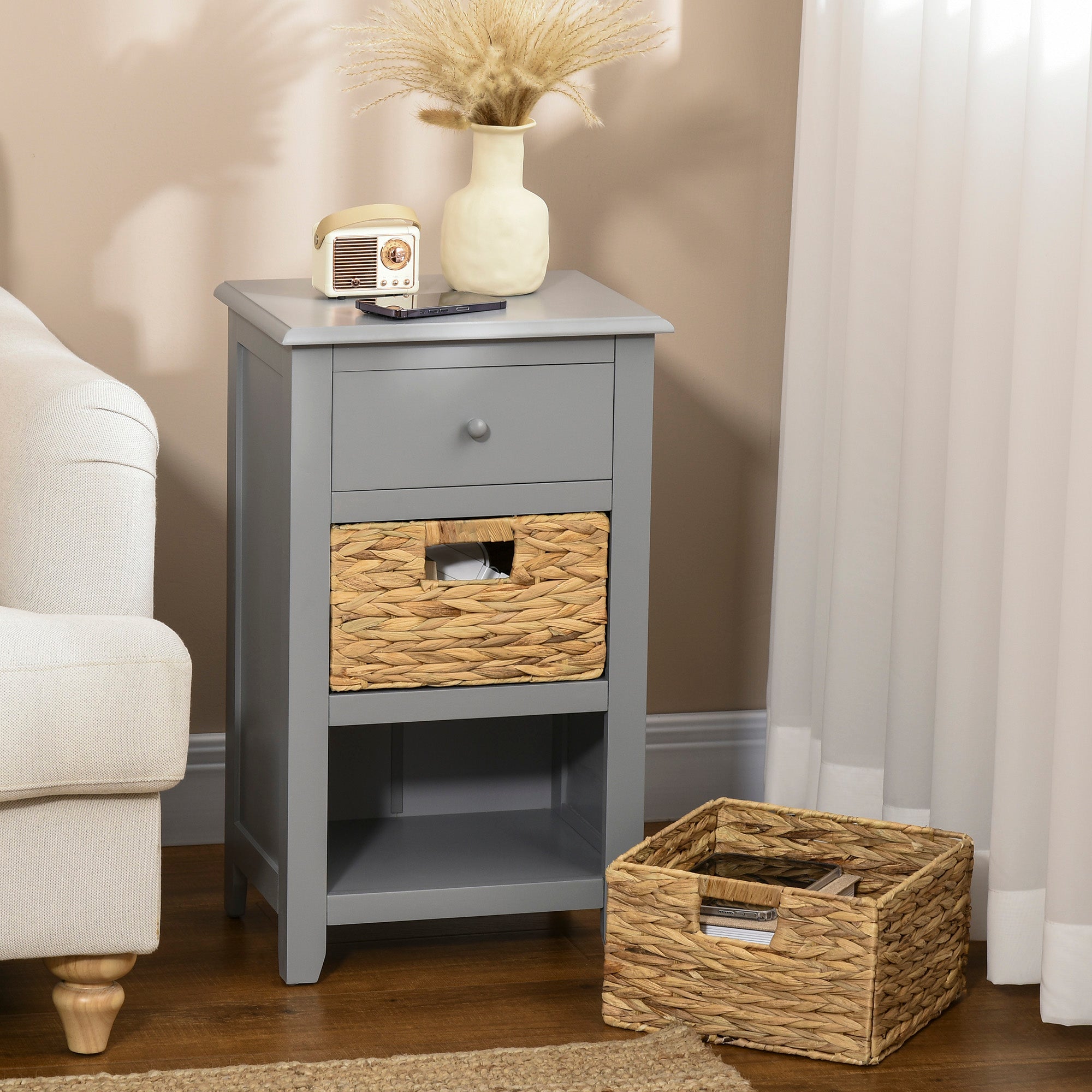 End Side Table with Removable Woven Baskets and Drawer for Living Room, Bedroom, 15.6