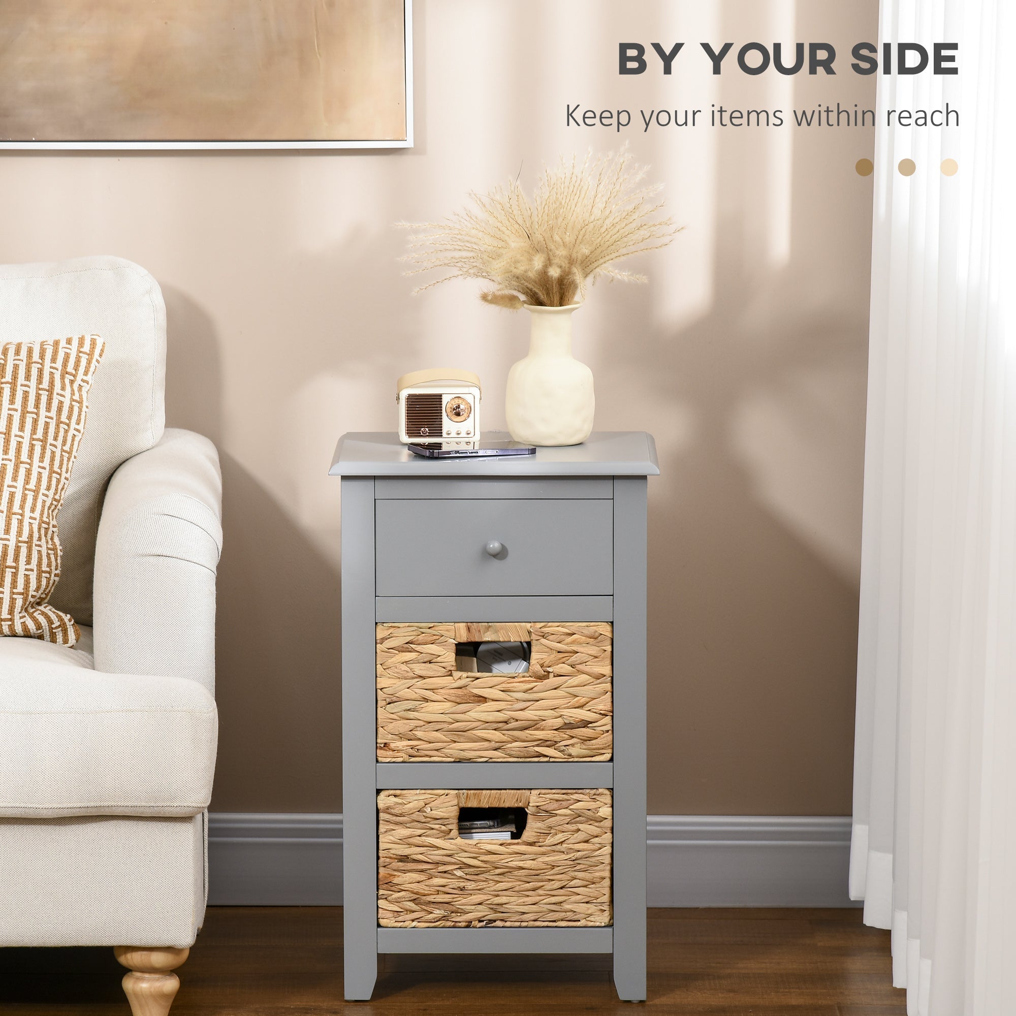 End Side Table with Removable Woven Baskets and Drawer for Living Room, Bedroom, 15.6