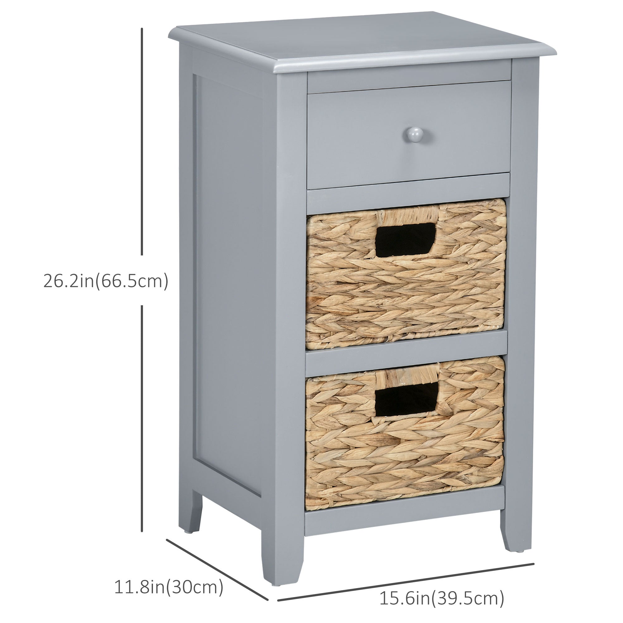 End Side Table with Removable Woven Baskets and Drawer for Living Room, Bedroom, 15.6