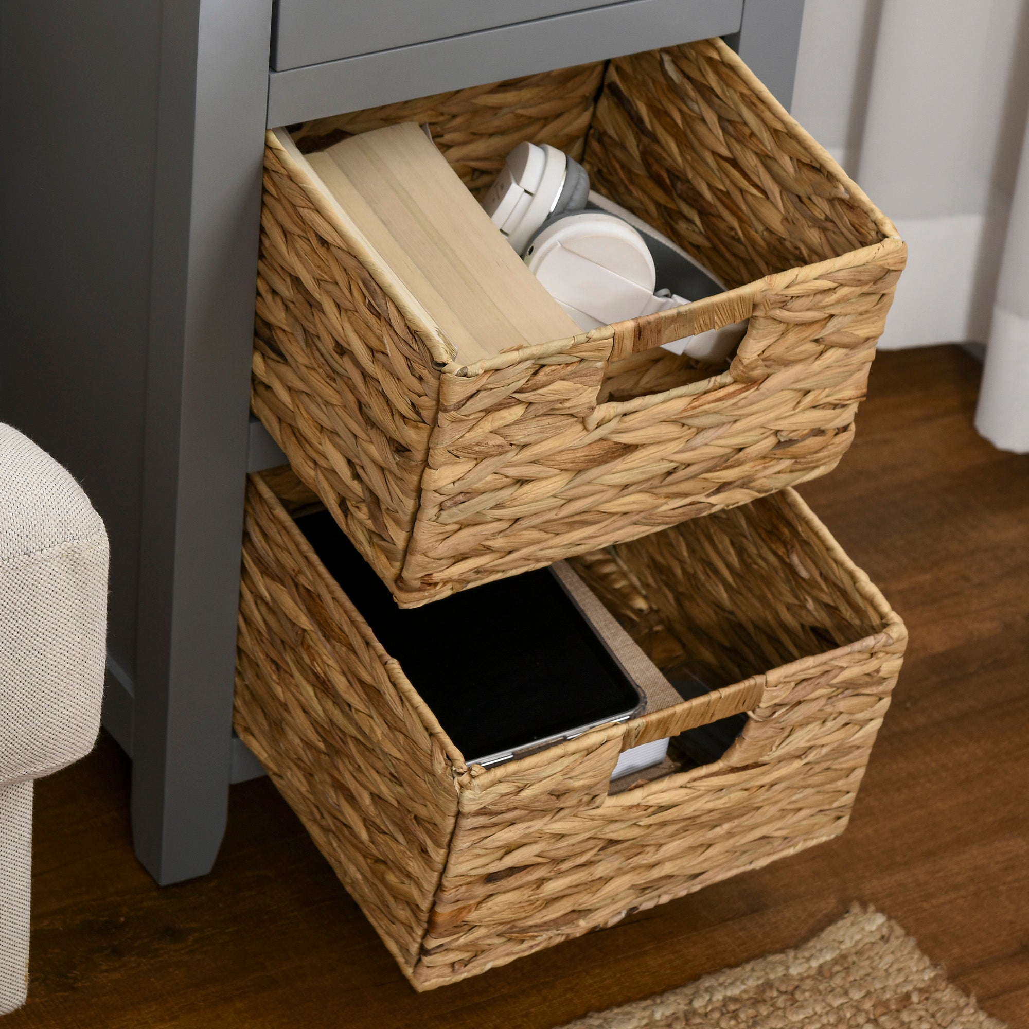 End Side Table with Removable Woven Baskets and Drawer for Living Room, Bedroom, 15.6