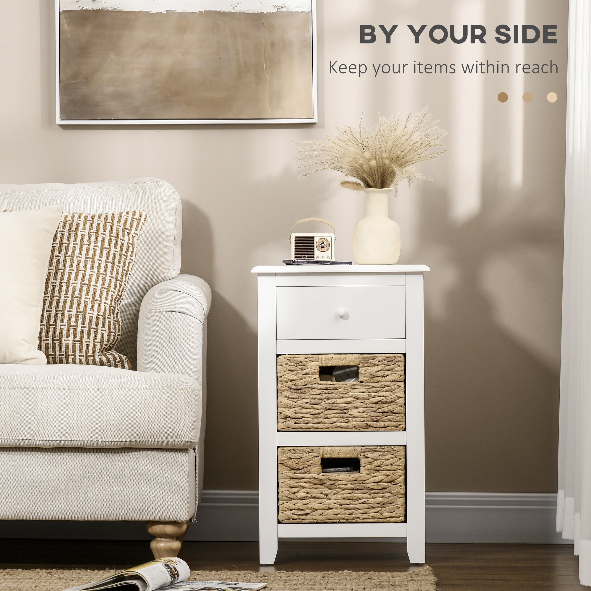 End Side Table with Removable Woven Baskets and Drawer for Living Room, Bedroom, 15.6