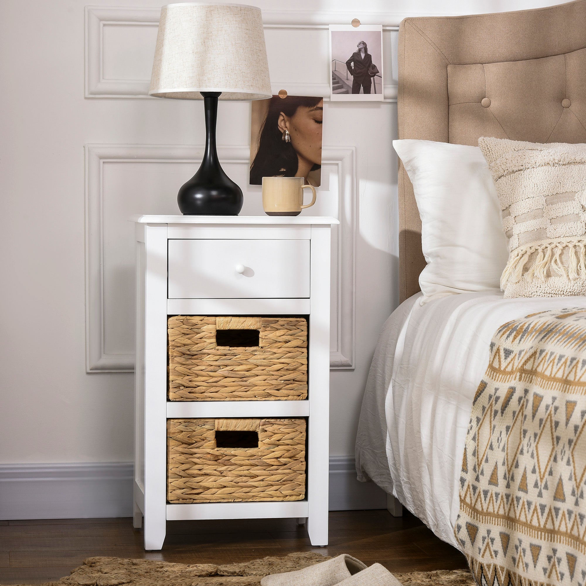 End Side Table with Removable Woven Baskets and Drawer for Living Room, Bedroom, 15.6