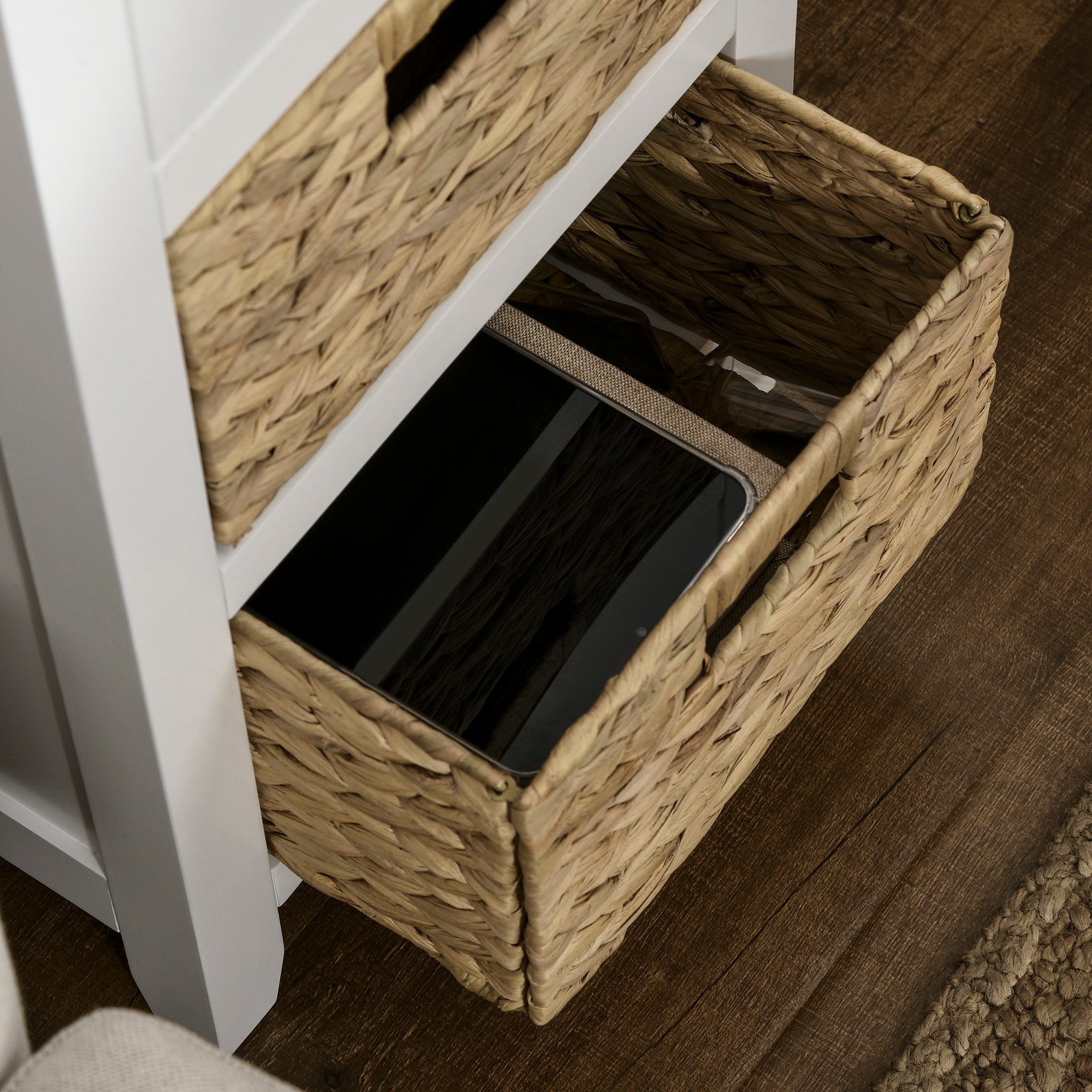 End Side Table with Removable Woven Baskets and Drawer for Living Room, Bedroom, 15.6