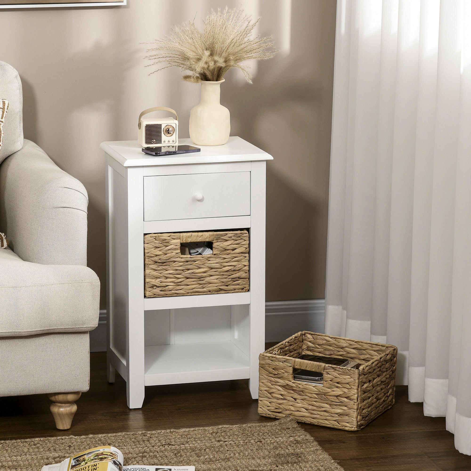 End Side Table with Removable Woven Baskets and Drawer for Living Room, Bedroom, 15.6