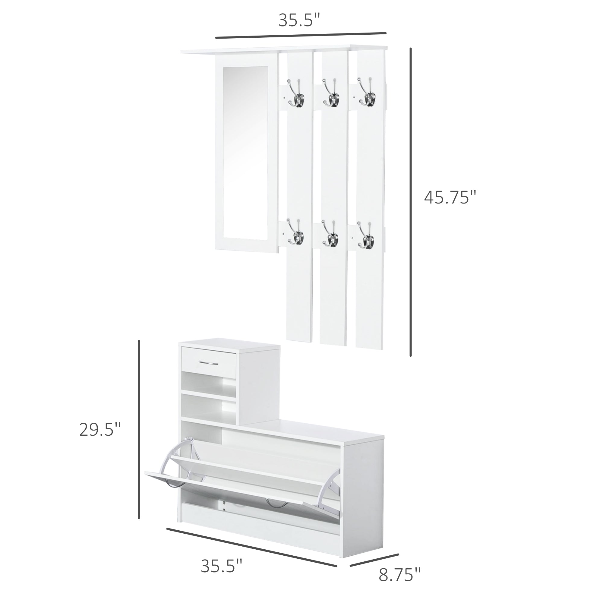 Entryway Organizer Unit, 3 In 1 Design Hall Tree with 6 Hooks, Mirror, Coat Rack Shoe Storage Shelf with Coat Hanger for Hallway Living Room White Clothing Storage   at Gallery Canada