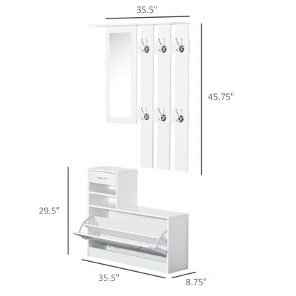 Entryway Organizer Unit, 3 In 1 Design Hall Tree with 6 Hooks, Mirror, Coat Rack Shoe Storage Shelf with Coat Hanger for Hallway Living Room White Clothing Storage   at Gallery Canada