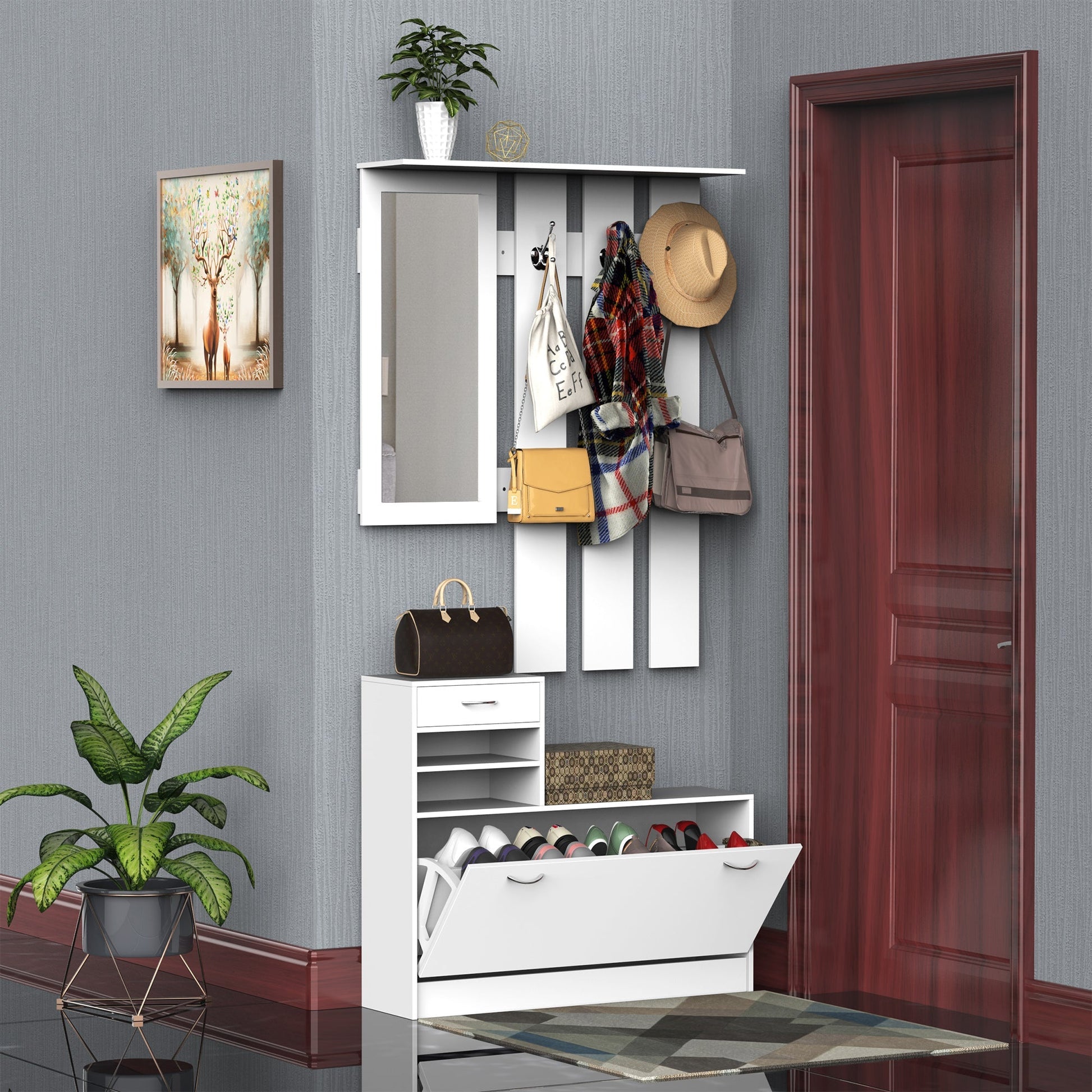 Entryway Organizer Unit, 3 In 1 Design Hall Tree with 6 Hooks, Mirror, Coat Rack Shoe Storage Shelf with Coat Hanger for Hallway Living Room White Clothing Storage   at Gallery Canada