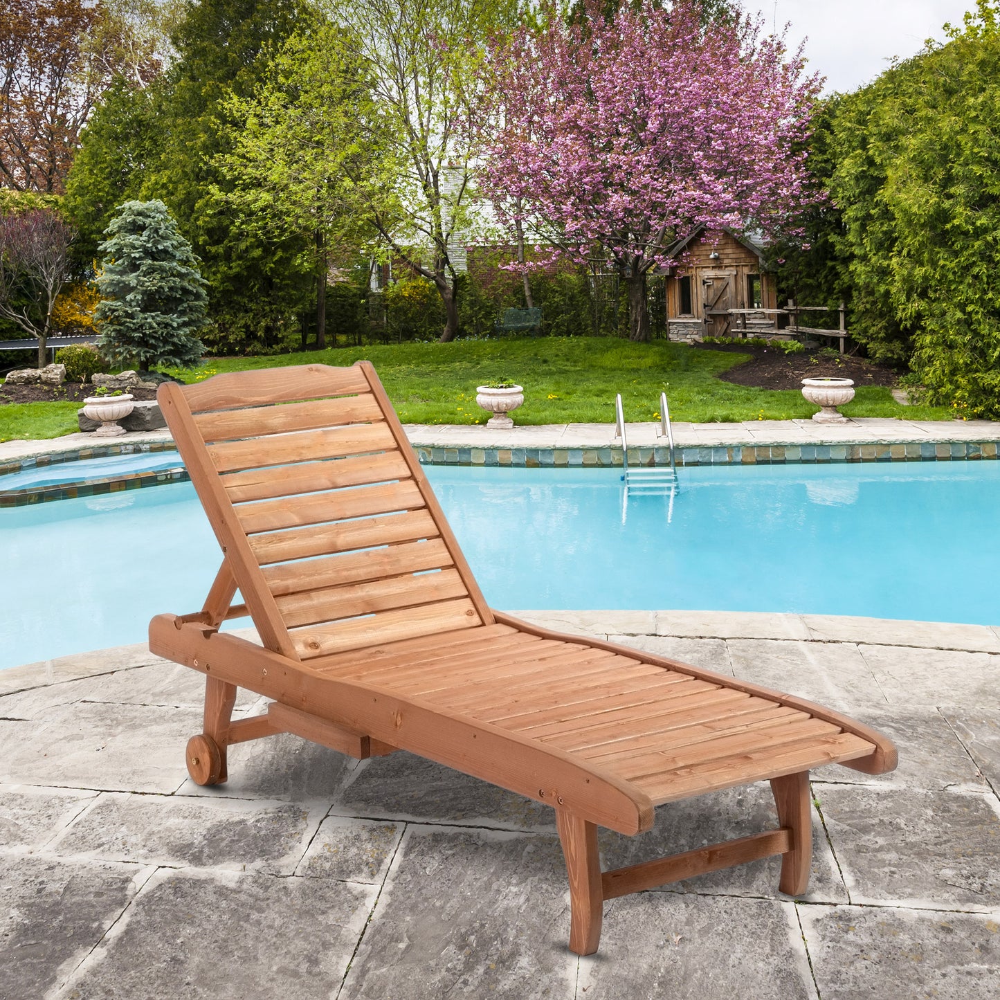 Wooden Outdoor Lounge Chair, Adjustable Patio Outdoor Chaise Recliner Garden Furniture, Tanning Chair with Pull-out Tray and 2 Wheels, Brown Chaise Loungers Warm Brown  at Gallery Canada