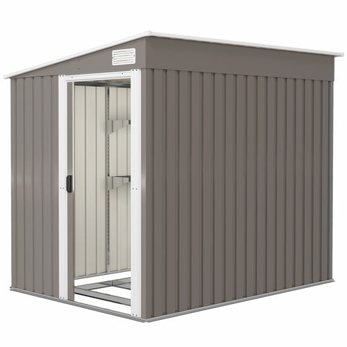 5'x7' Lean to Galvanized Metal Shed with Foundation, Garden Tool Storage House w/ Sliding Door and 2 Vents, Light Grey