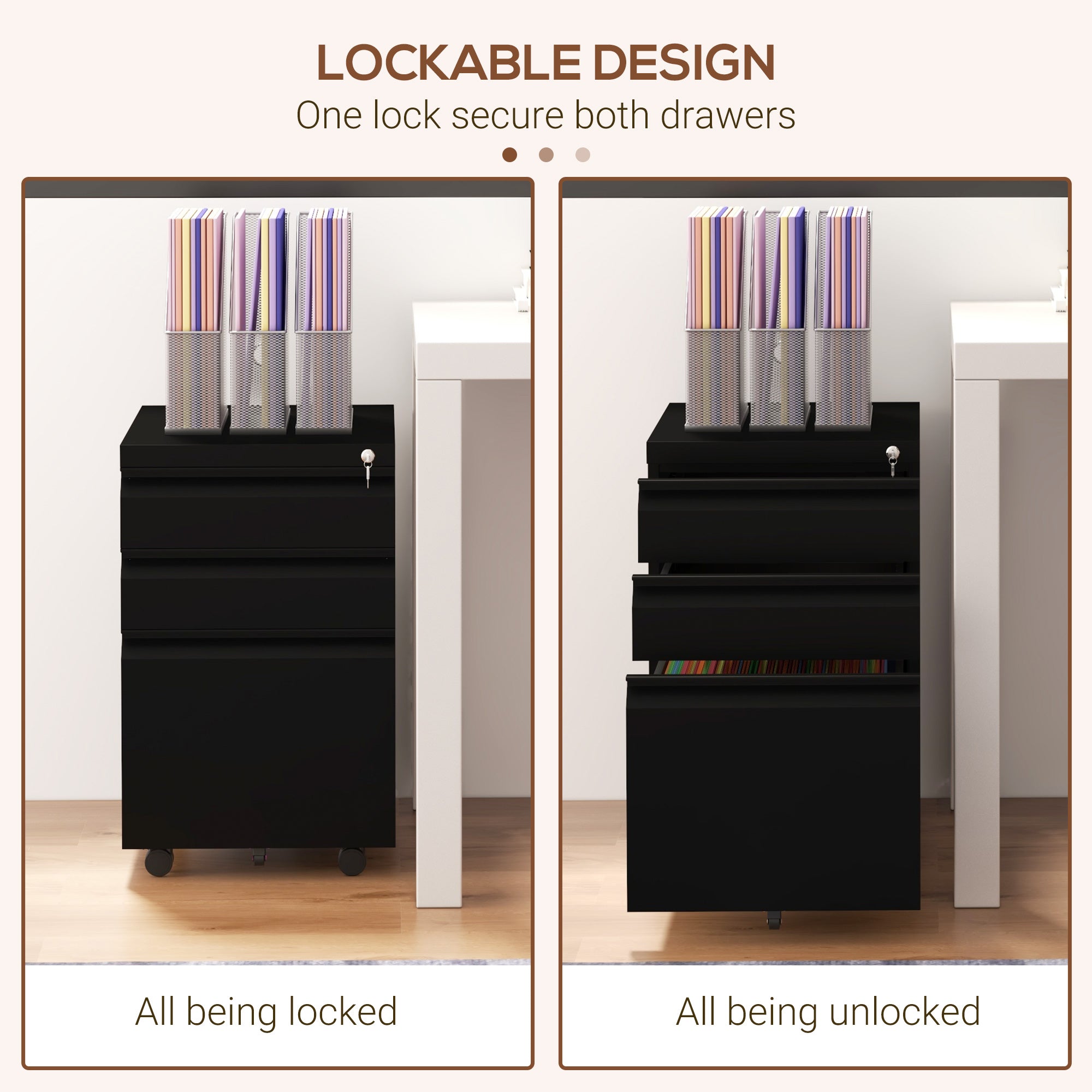 3 Drawer Vertical File Cabinet with Lock, Steel Filing Cabinet with Wheels and Hanging Bar for A4 Legal and Letter Size Files, Printer Stand with Pre-Assembled Body, Black Office Cabinets & Cupboards at Gallery Canada