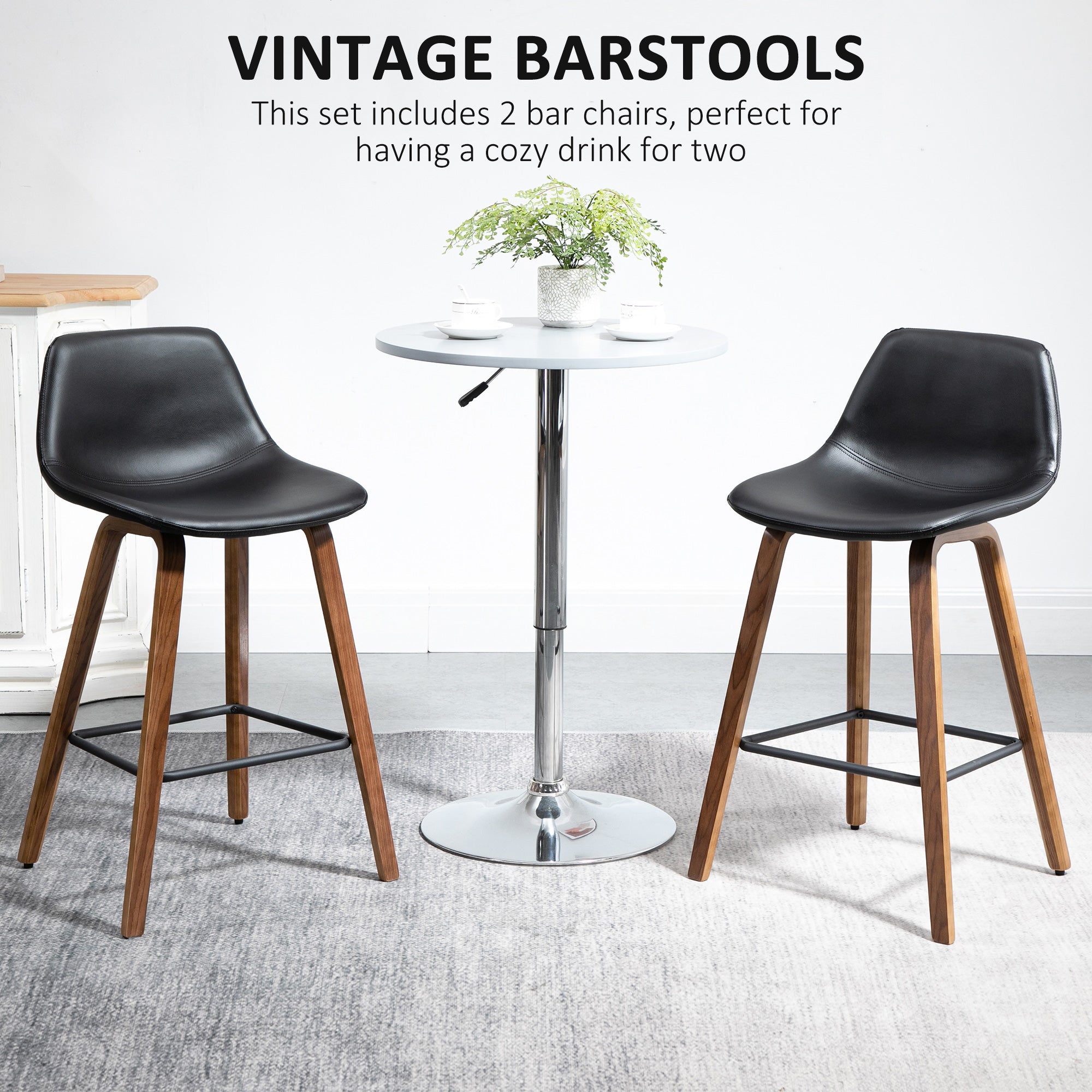 Counter Height Bar stools Set of 2 Mid-Back PU Leather Bar Chairs with Wood Legs, Black Bar Stools   at Gallery Canada