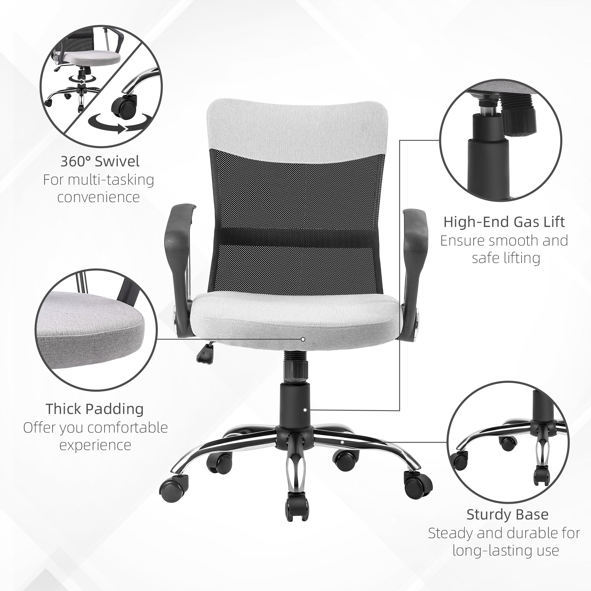 Ergonomic Office Chair, Mid Back Mesh Chair with Armrests, Adjustable Height, Grey and Black Executive & Manager Chairs   at Gallery Canada