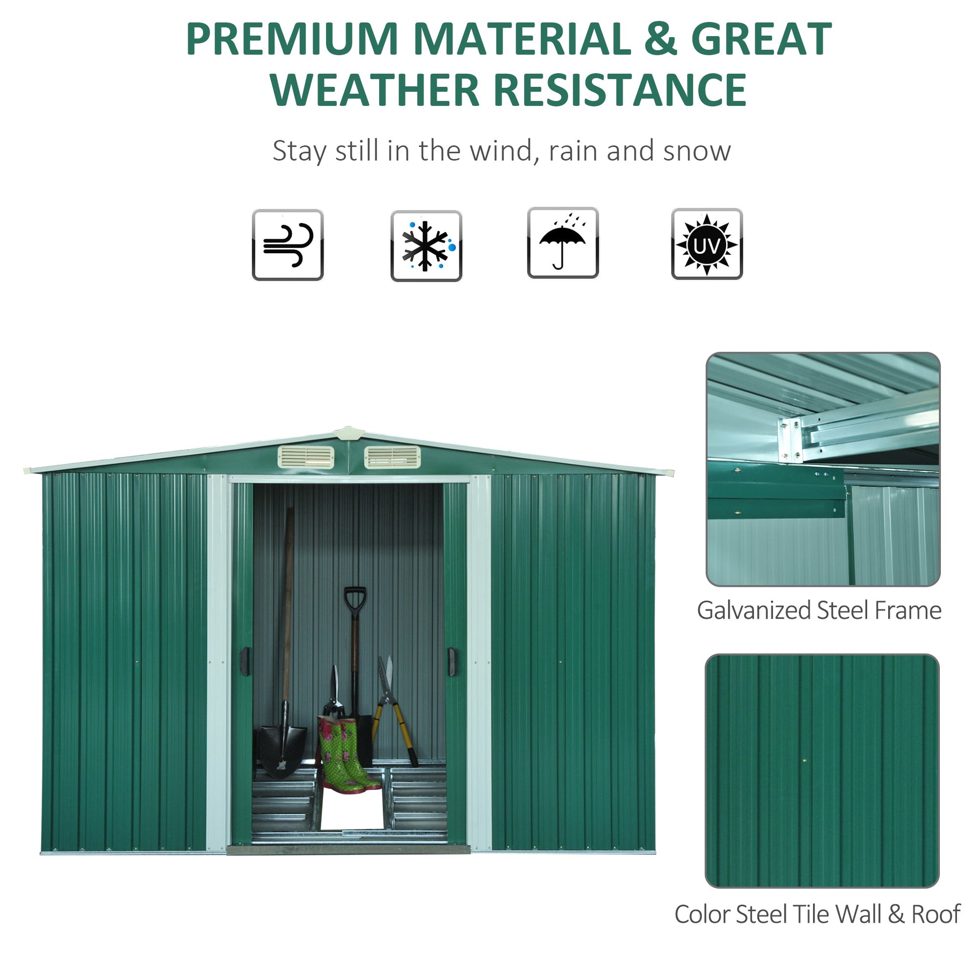 8.5' x 6.8' x 5.8' Practical Backyard Garden Storage Tool Shed Double Sliding Door 4 Ventilation Slots, Green Sheds   at Gallery Canada