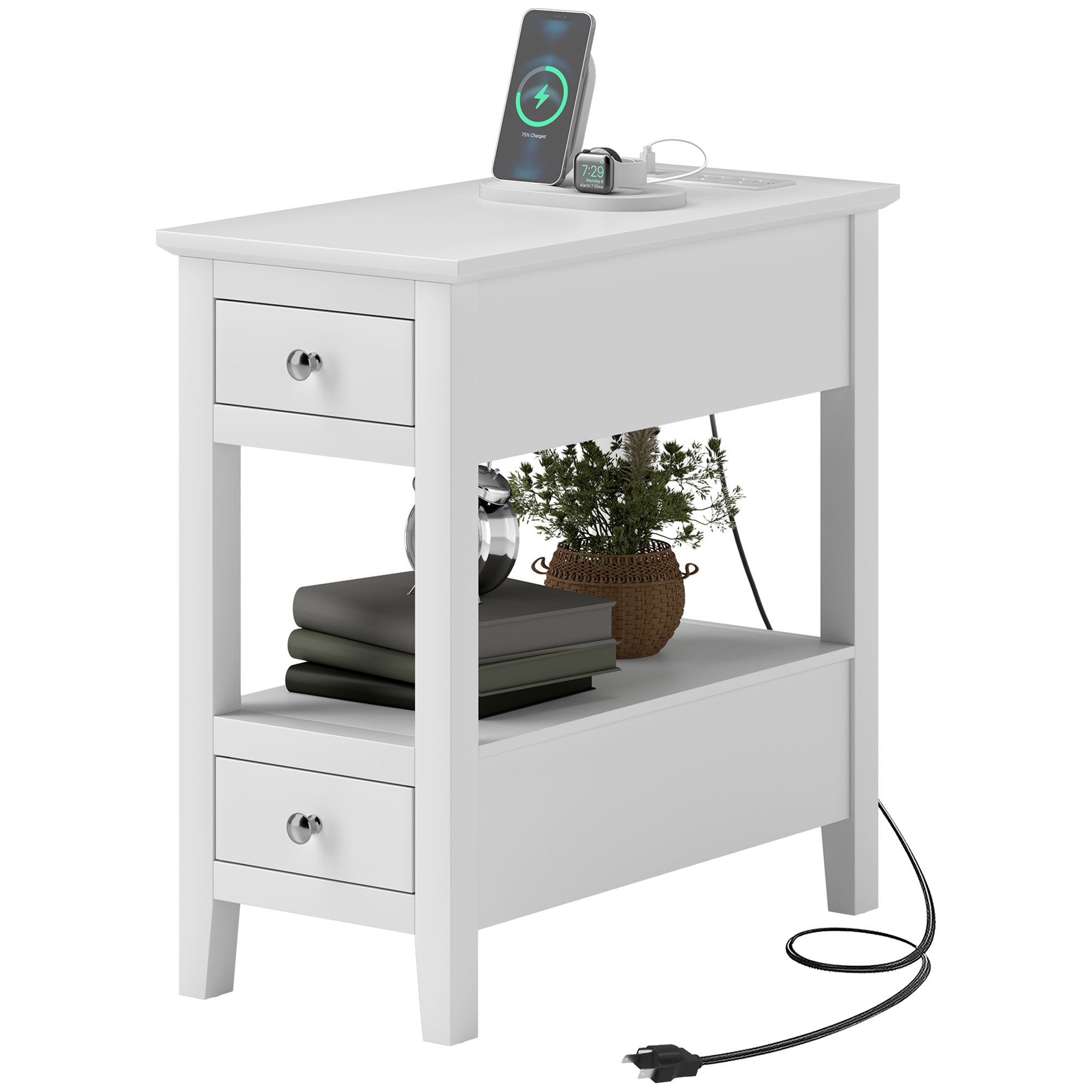 Narrow Side Table with Charging Station, USB Ports, Modern End Table with Storage Shelf, Drawers for Living Room, White Side Tables   at Gallery Canada