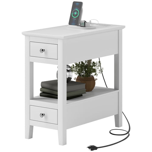 Narrow Side Table with Charging Station, USB Ports, Modern End Table with Storage Shelf, Drawers for Living Room, White