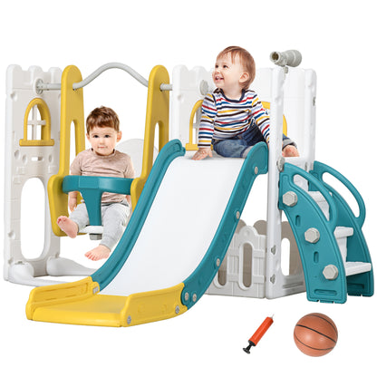 6-in-1 Slide and Swing Set Baby Swing Playset Indoor with Basketball Hoop, Climber, Storage Space, Telescope, Yellow Gym Sets & Swings   at Gallery Canada