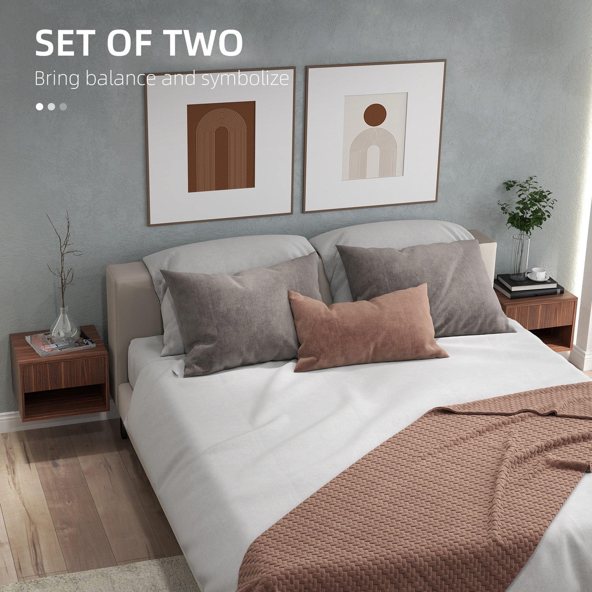 Floating Nightstand Set of 2, Wall Mounted Bedside Table with Drawer for Bedroom, Brown Bedside Tables at Gallery Canada