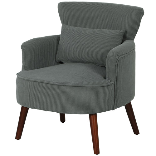 Modern Accent Chair, Upholstered Armchair with Solid Wood Legs and Lumbar Pillow for Living Room, Grey