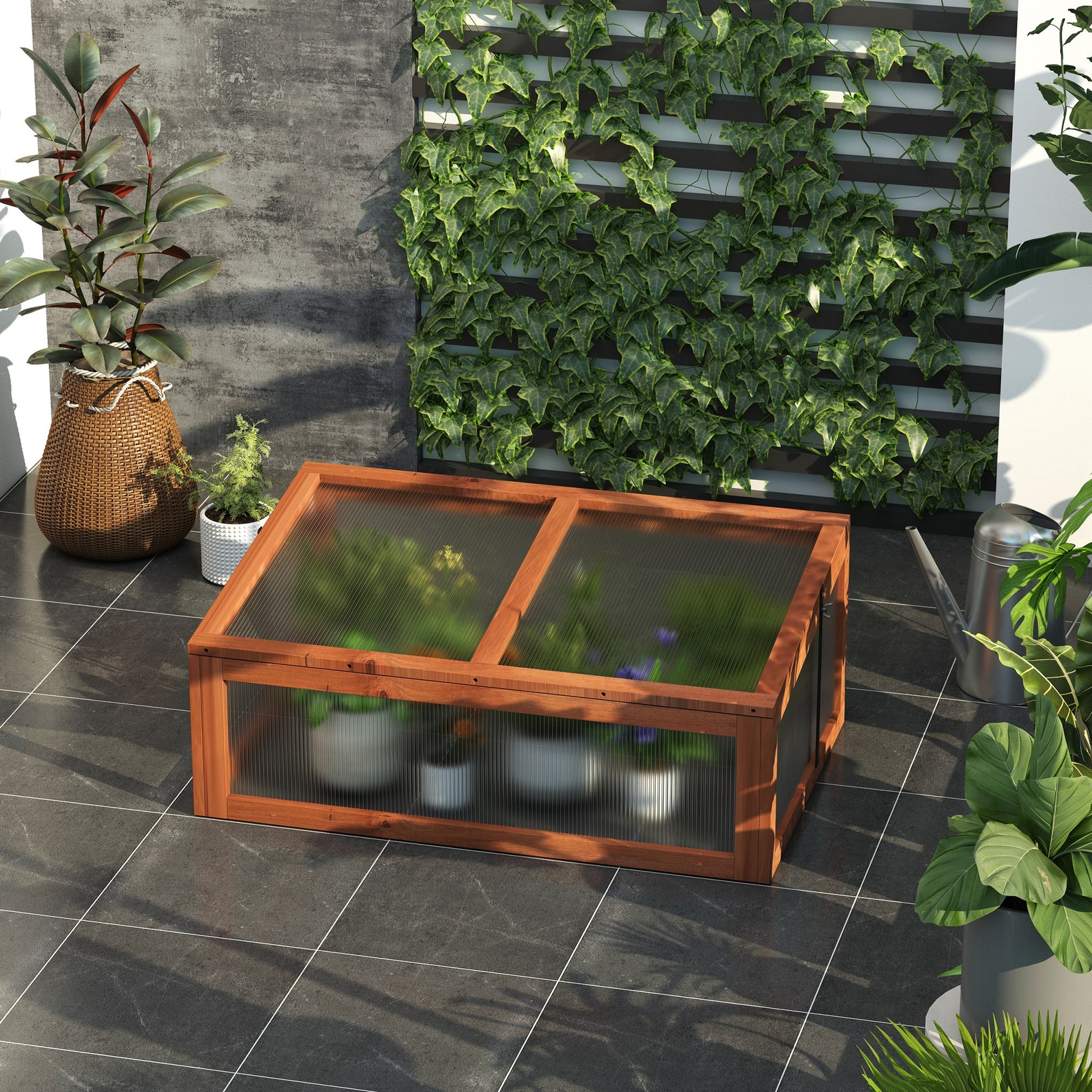 39" x 26" x 16" Wooden Cold Frame with Openable and Tilted Top Cover, Small Polycarbonate Planter Box for Flowers, Vegetables, Plants, Brown Greenhouses at Gallery Canada