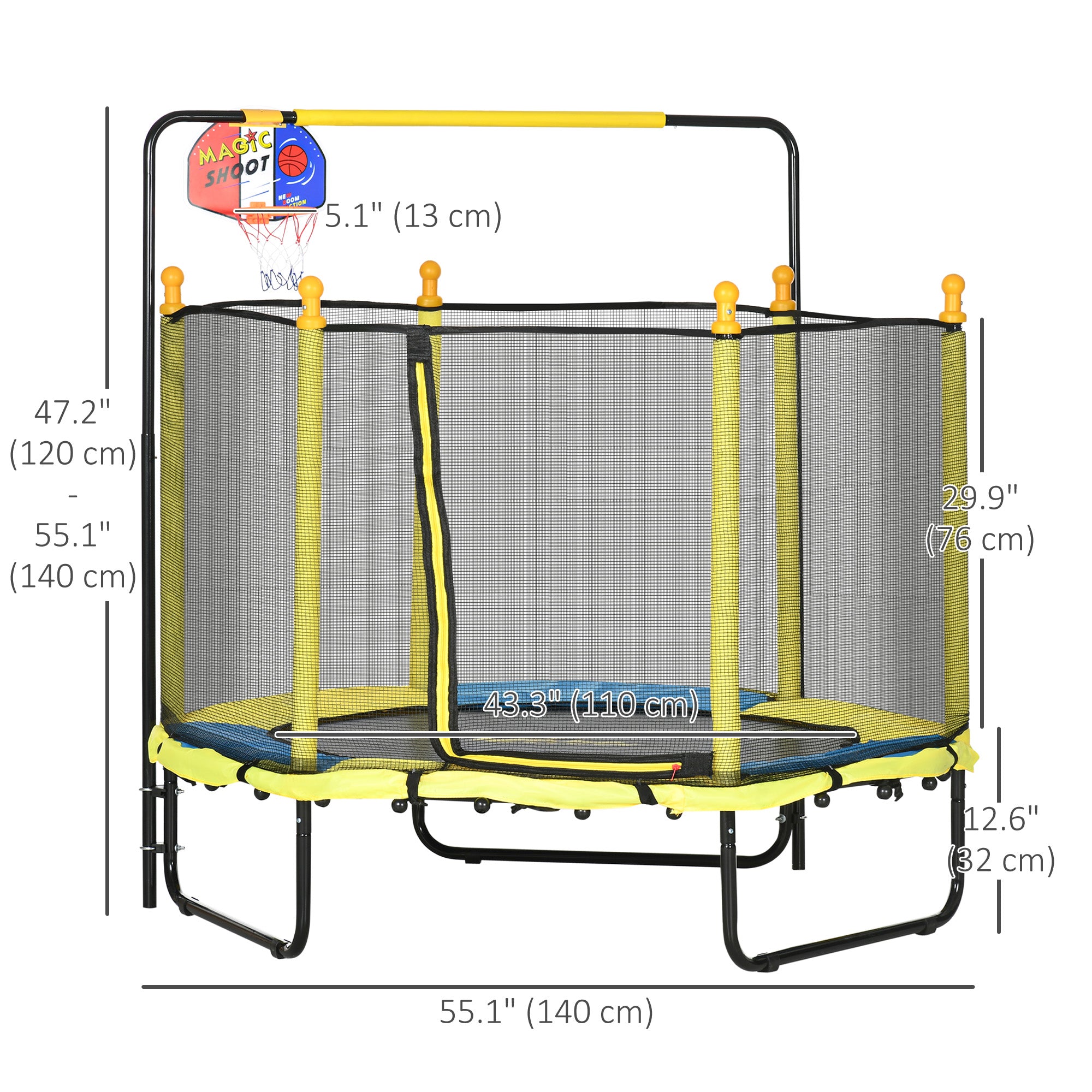 4.6ft Kids Trampoline with Basketball Hoop, Horizontal Bar with Net for Children Ages 3-10, Yellow Trampolines at Gallery Canada