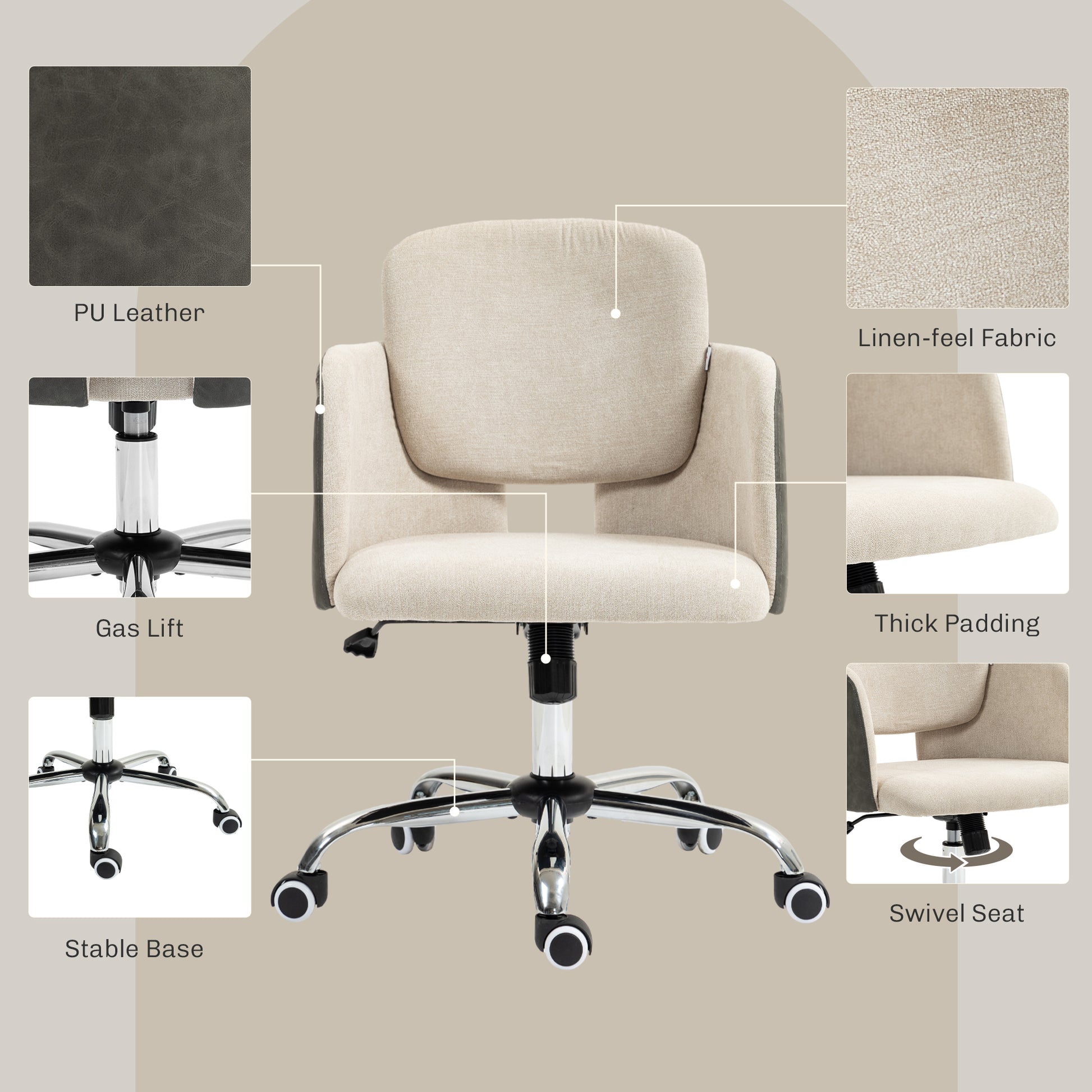 Small Desk Chair, Height Adjustable Fabric Office Chair with Swivel Wheels, Tilt Function, Computer Chair, Cream White Task Chairs   at Gallery Canada