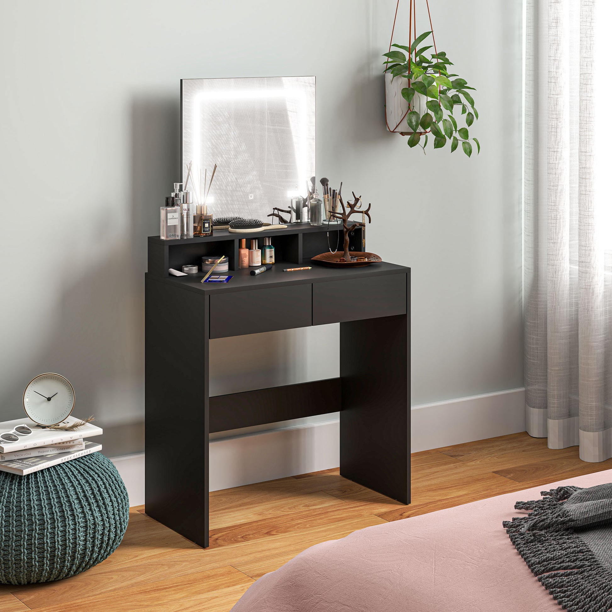 Makeup Vanity Desk with Mirror and LED Lights, for Bedroom, Modern Dressing Table with Drawers, Compartments, Black Dressing & Vanity Tables Black  at Gallery Canada