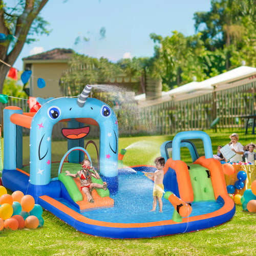 5-in-1 Inflatable Water Slide, Narwhals Style Kids Castle Bounce House Includes with Slide Trampoline Pool Water Gun Climbing Wall, Carry Bag, 450W Air Blower