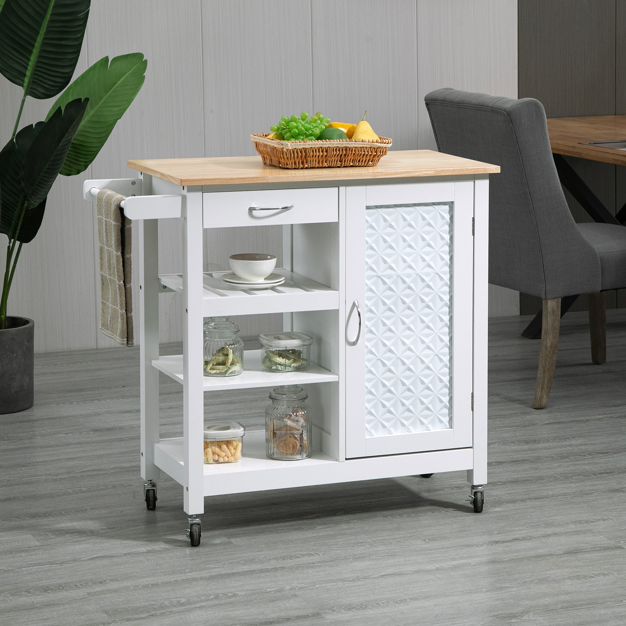 Kitchen Cart on Wheels with Embossed Door Panel, Utility Kitchen Island with Storage Drawer, White Kitchen Islands & Kitchen Carts at Gallery Canada