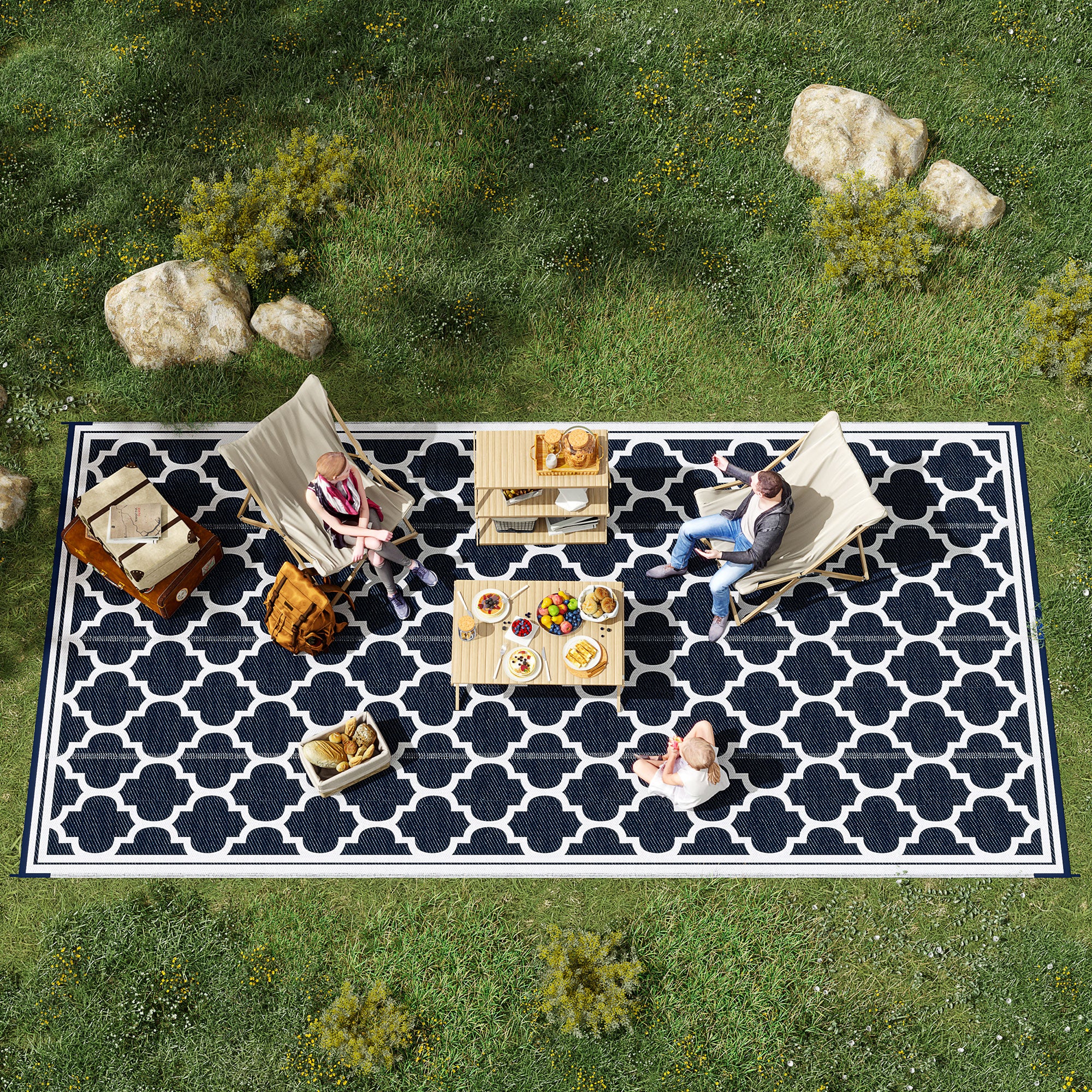 Reversible Outdoor RV Rug, 9' x 18' Patio Floor Mat, Plastic Straw Rug for Backyard, Deck, Picnic, Beach, Camping, Dark Blue and White Outdoor Reversible Rugs at Gallery Canada