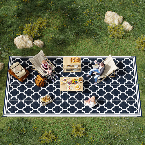 Reversible Outdoor RV Rug, 9' x 18' Patio Floor Mat, Plastic Straw Rug for Backyard, Deck, Picnic, Beach, Camping, Dark Blue and White