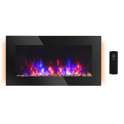 36" Wall-Mounted Electric Fireplace, 750/1500W Fireplace Heater with Flame Effect, 7 Color Background Light and Side Light, Black Electric Fireplaces Black  at Gallery Canada