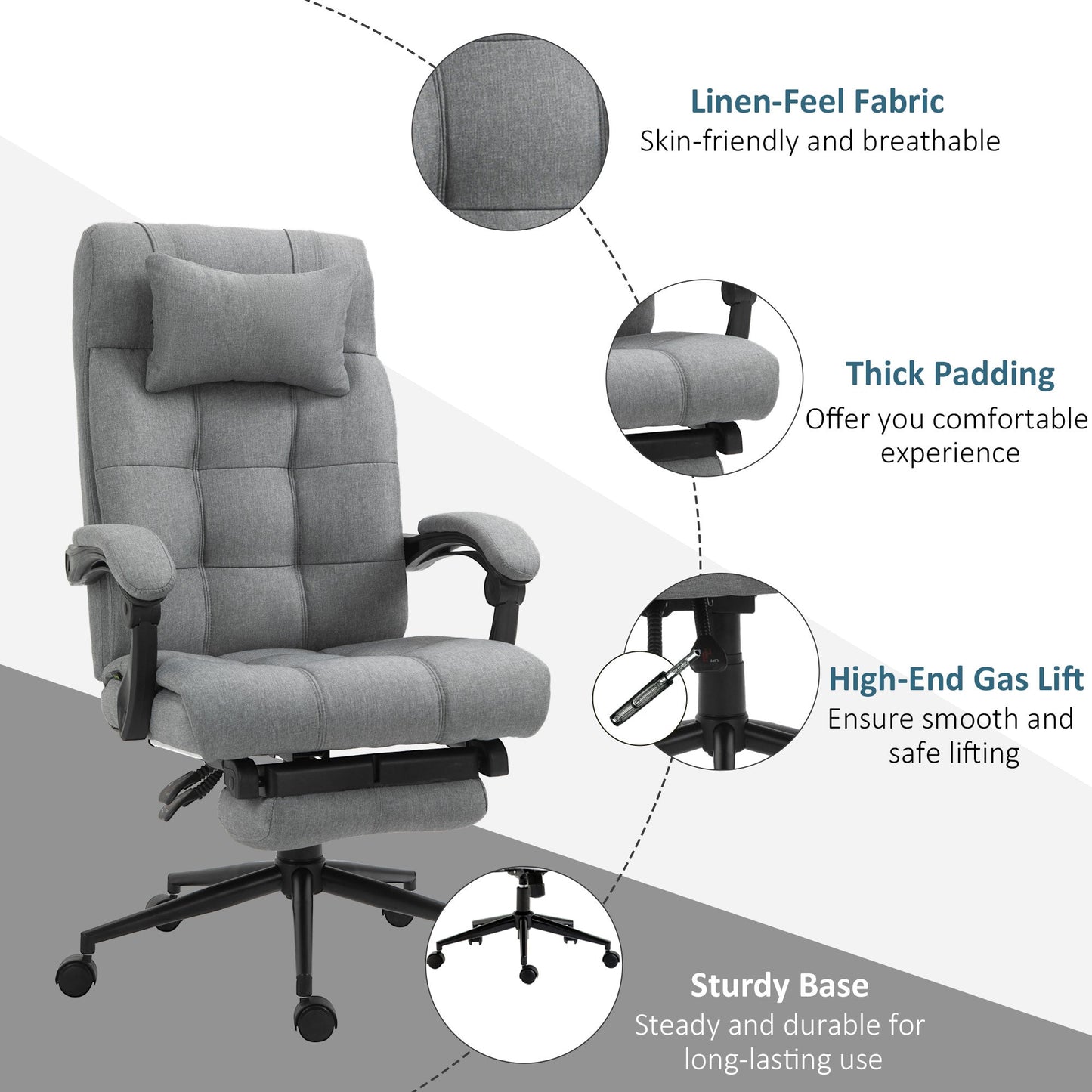 Executive Office Chair High Back Linen-Feel Fabric Swivel Chair with Upholstered Retractable Footrest, Headrest and Armrest, Light Grey Executive & Manager Chairs   at Gallery Canada