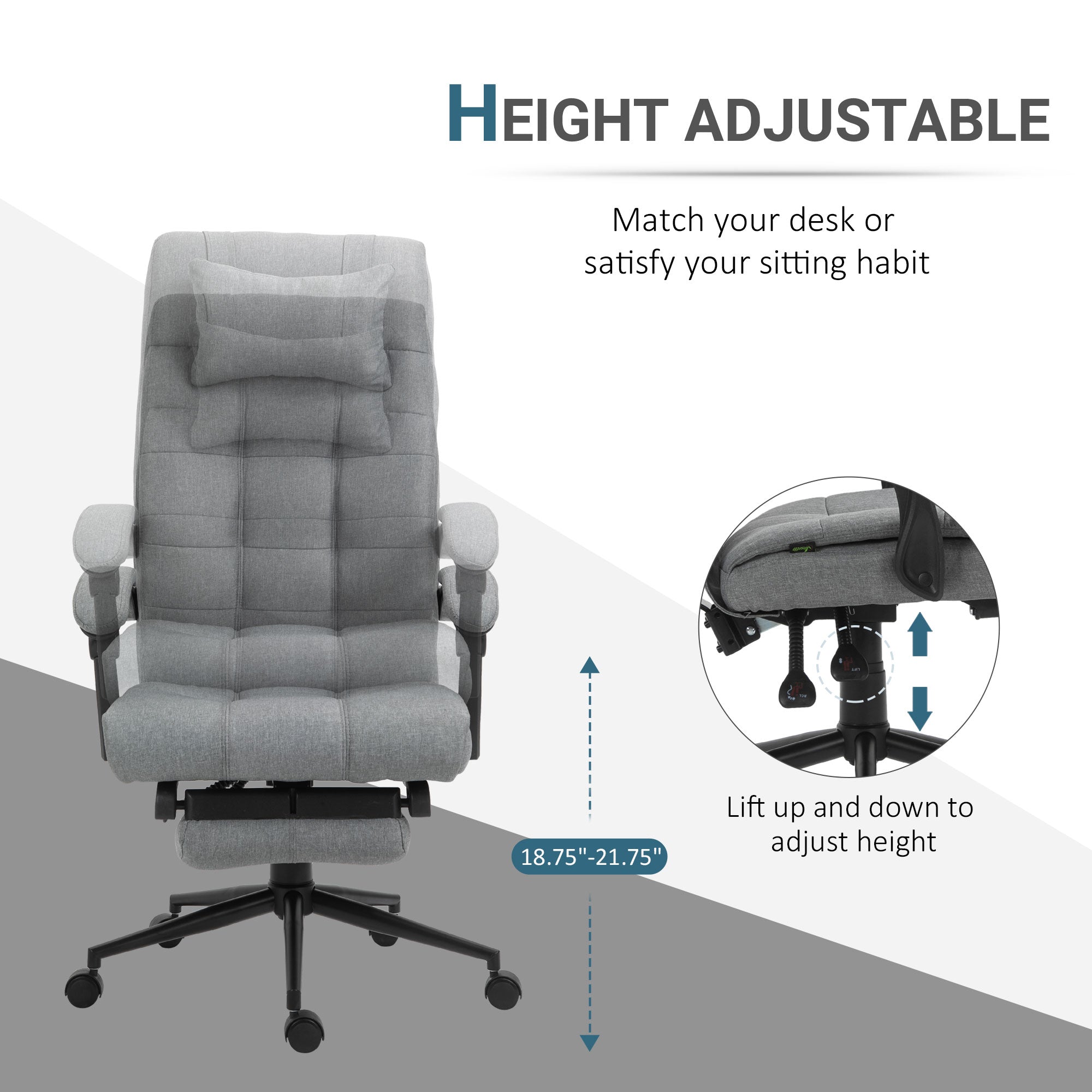 Executive Office Chair High Back Linen-Feel Fabric Swivel Chair with Upholstered Retractable Footrest, Headrest and Armrest, Light Grey Executive & Manager Chairs   at Gallery Canada