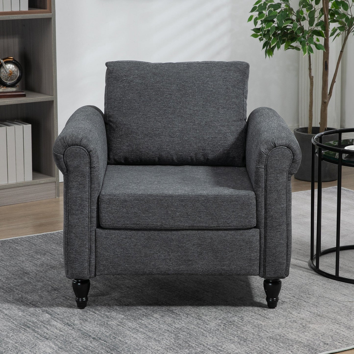 Vintage Armchair, Upholstered Accent Chair with Rolled Arms, Gourd-Shaped Rubber Wood Legs, Dark Grey Accent Chairs   at Gallery Canada