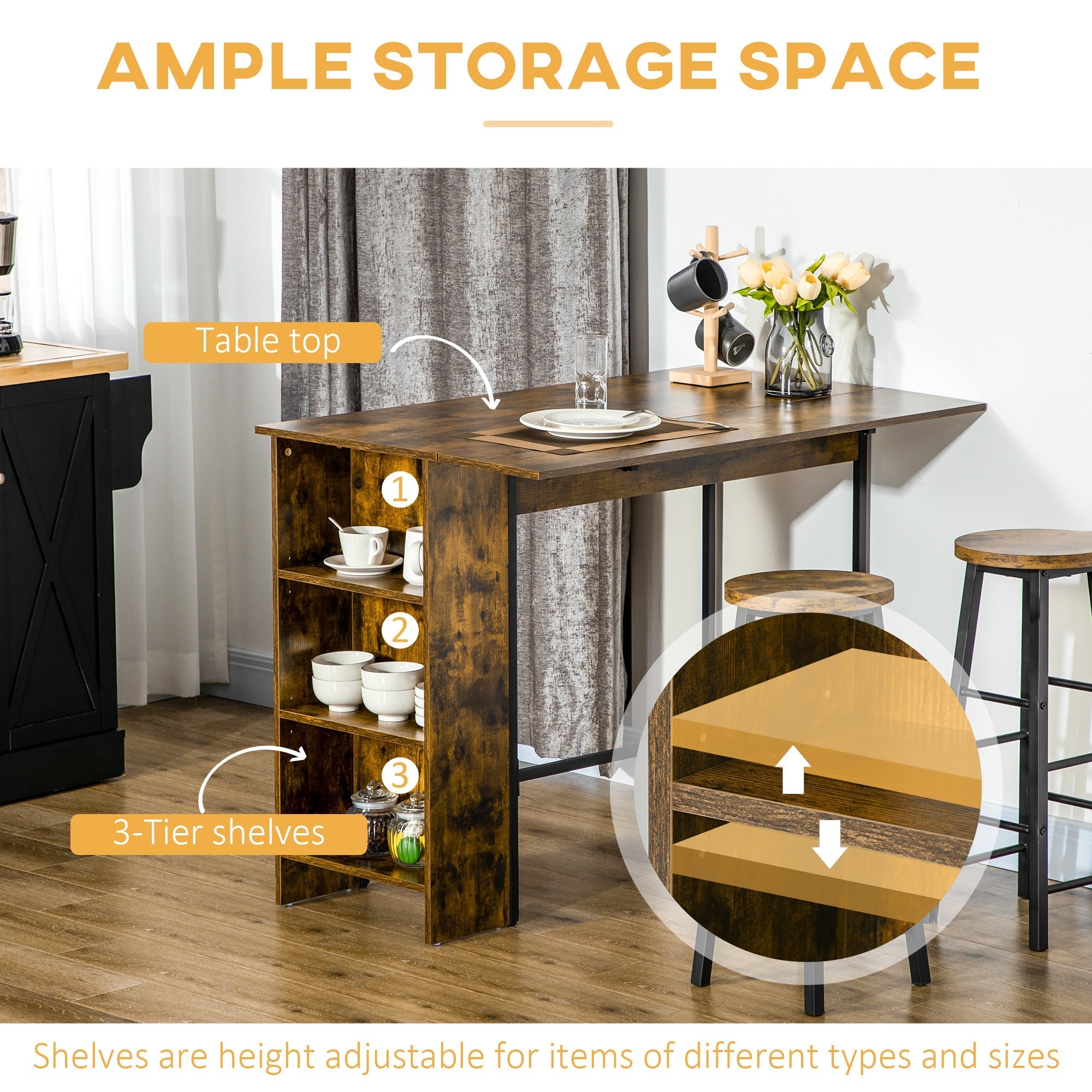 Extendable Bar Table with Drop Leaf, Counter Height Table, Foldable Pub Table with Adjustable Storage Shelf Bar Sets   at Gallery Canada