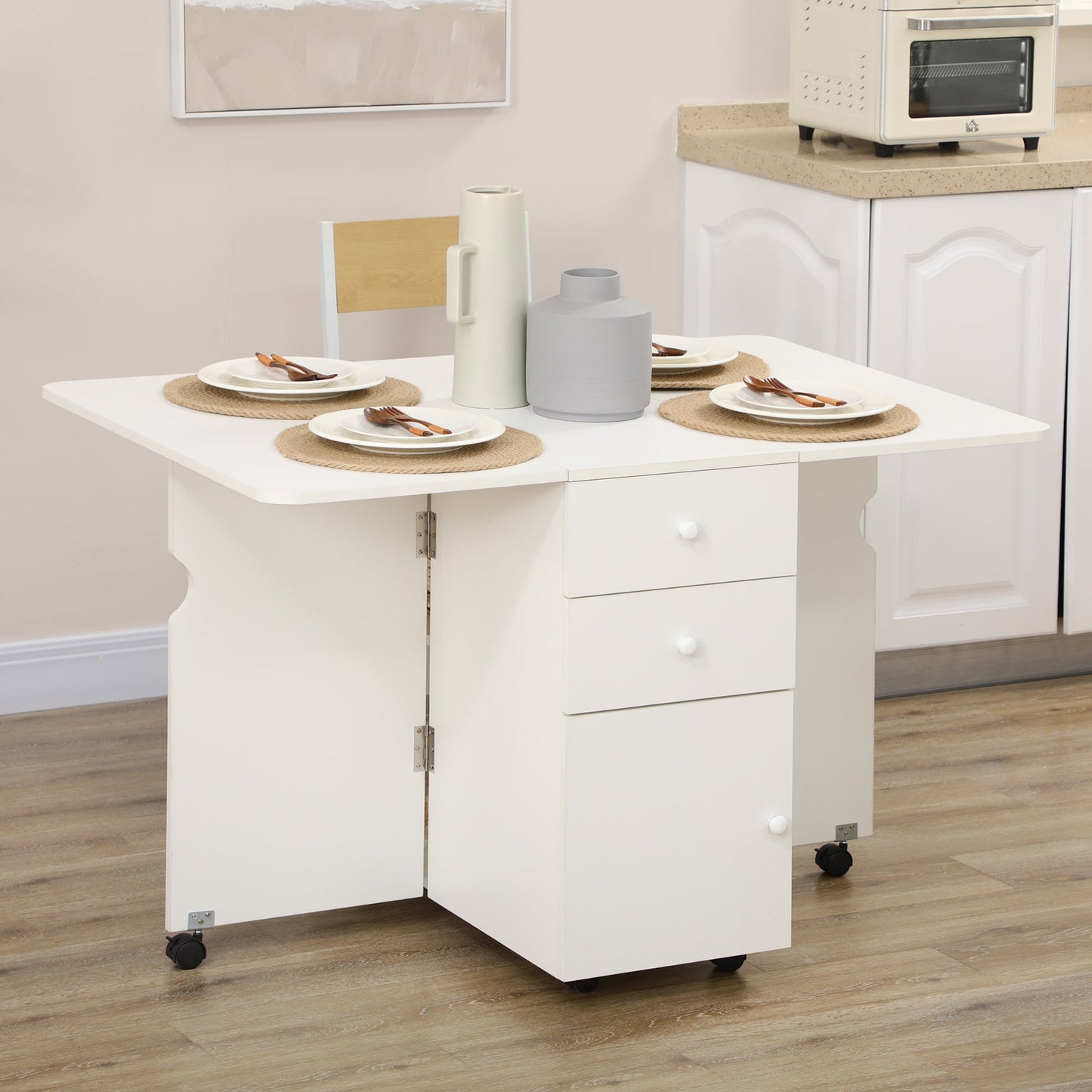 Extendable Dining Table, Drop Leaf Table with 2 Drawers, Cabinet and 6 Wheels for Small Spaces, Kitchen, White Bar Tables & Dining Tables   at Gallery Canada