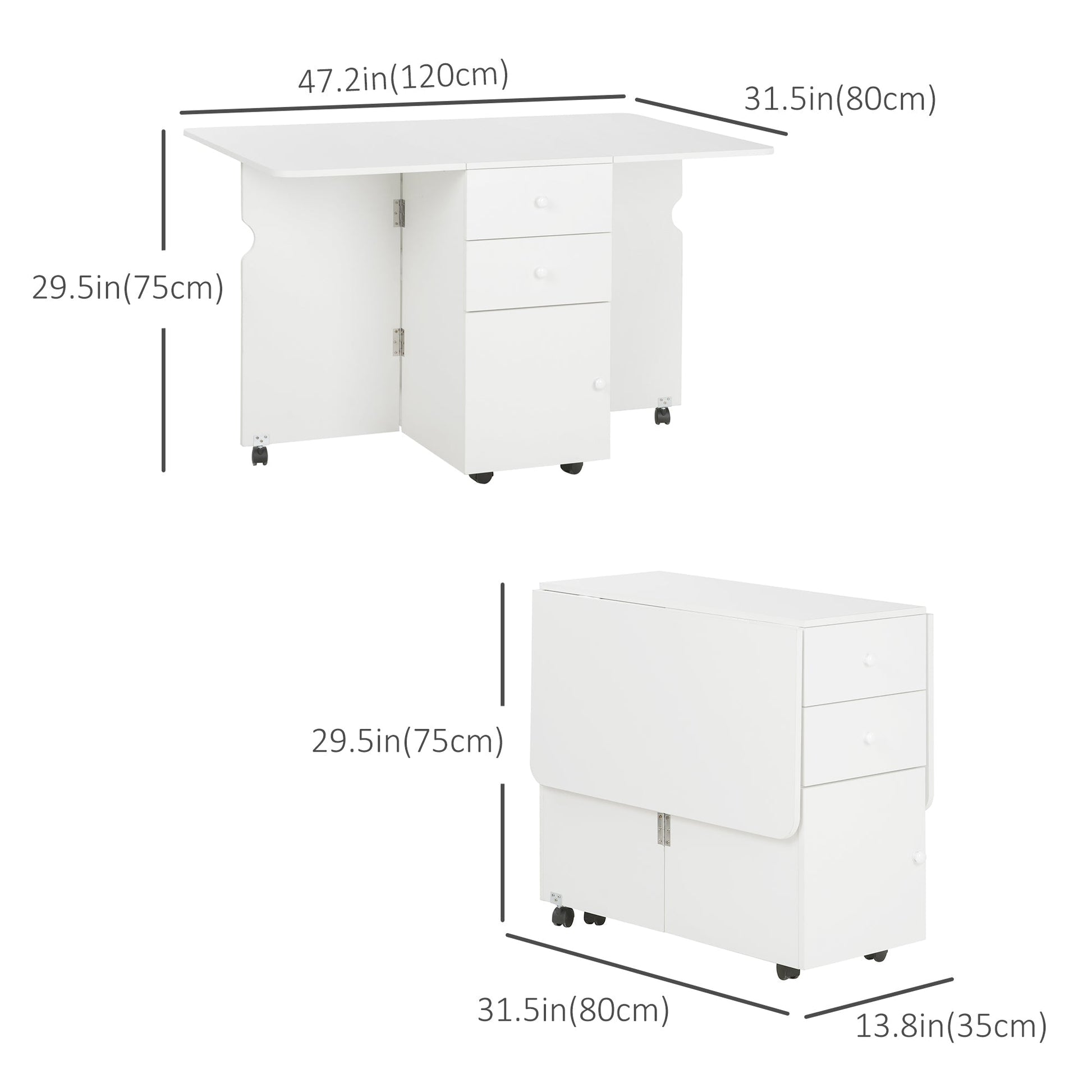 Extendable Dining Table, Drop Leaf Table with 2 Drawers, Cabinet and 6 Wheels for Small Spaces, Kitchen, White Bar Tables & Dining Tables   at Gallery Canada