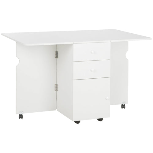 Extendable Dining Table, Drop Leaf Table with 2 Drawers, Cabinet and 6 Wheels for Small Spaces, Kitchen, White