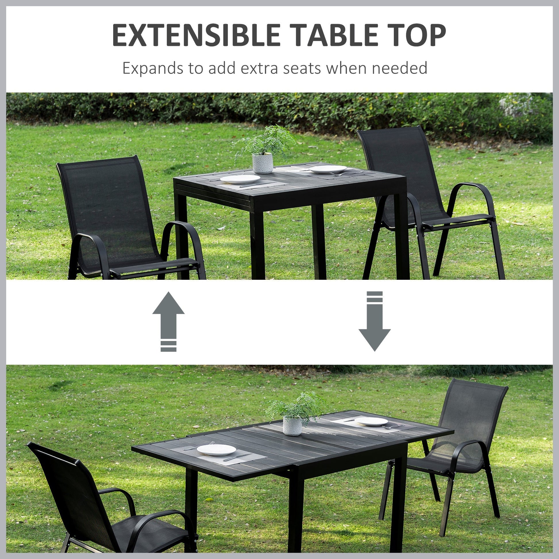 Extendable Dining Table Metal Outdoor Slat Table for 4-6 Person Rectangular Lawn Garden Bistro Patio Table with Aluminum Frame, Black - Gallery Canada