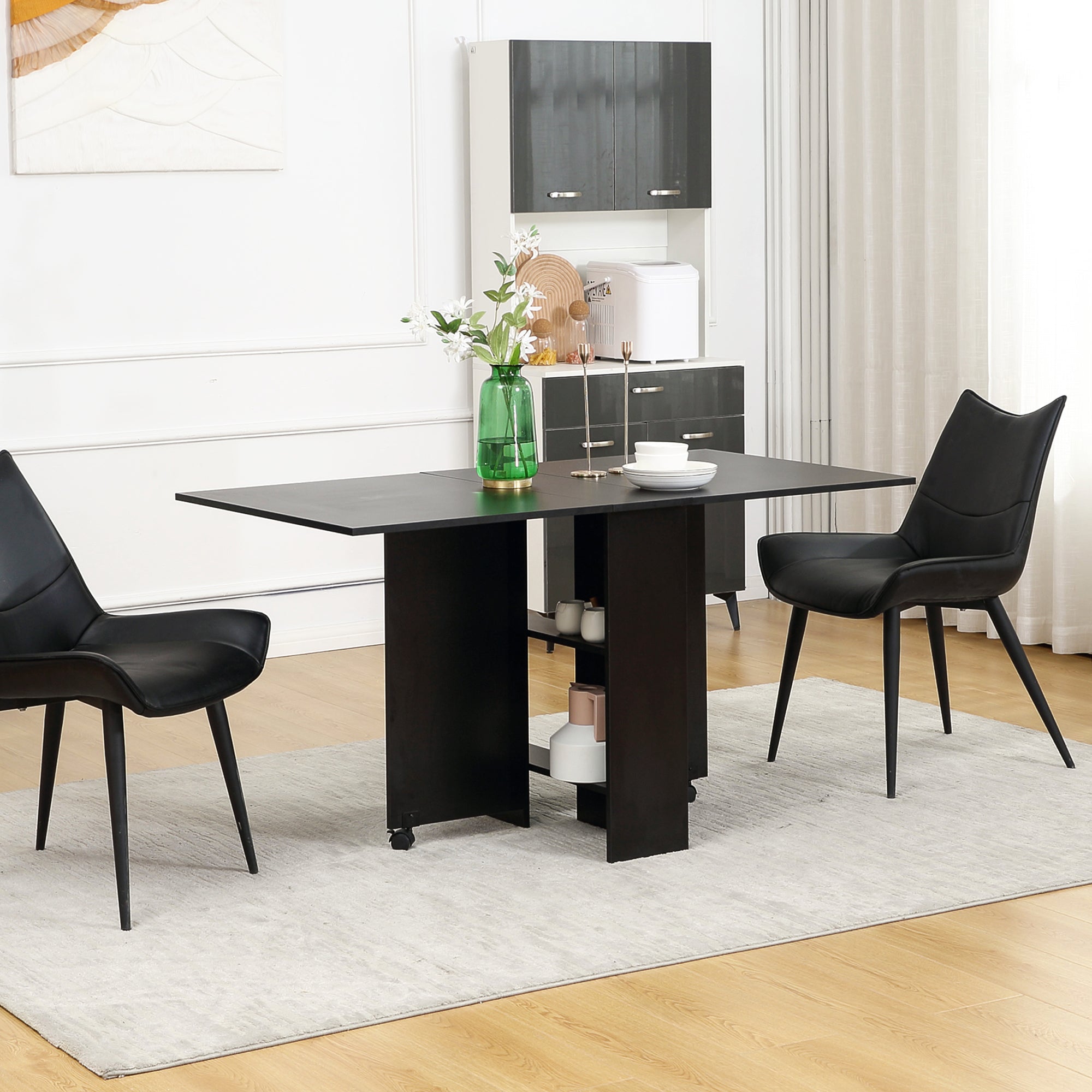 Extendable Dining Table, Movable Folding Dining Table, Drop Leaf Table with 2-tier Shelves and Rolling Casters Bar Tables & Dining Tables   at Gallery Canada