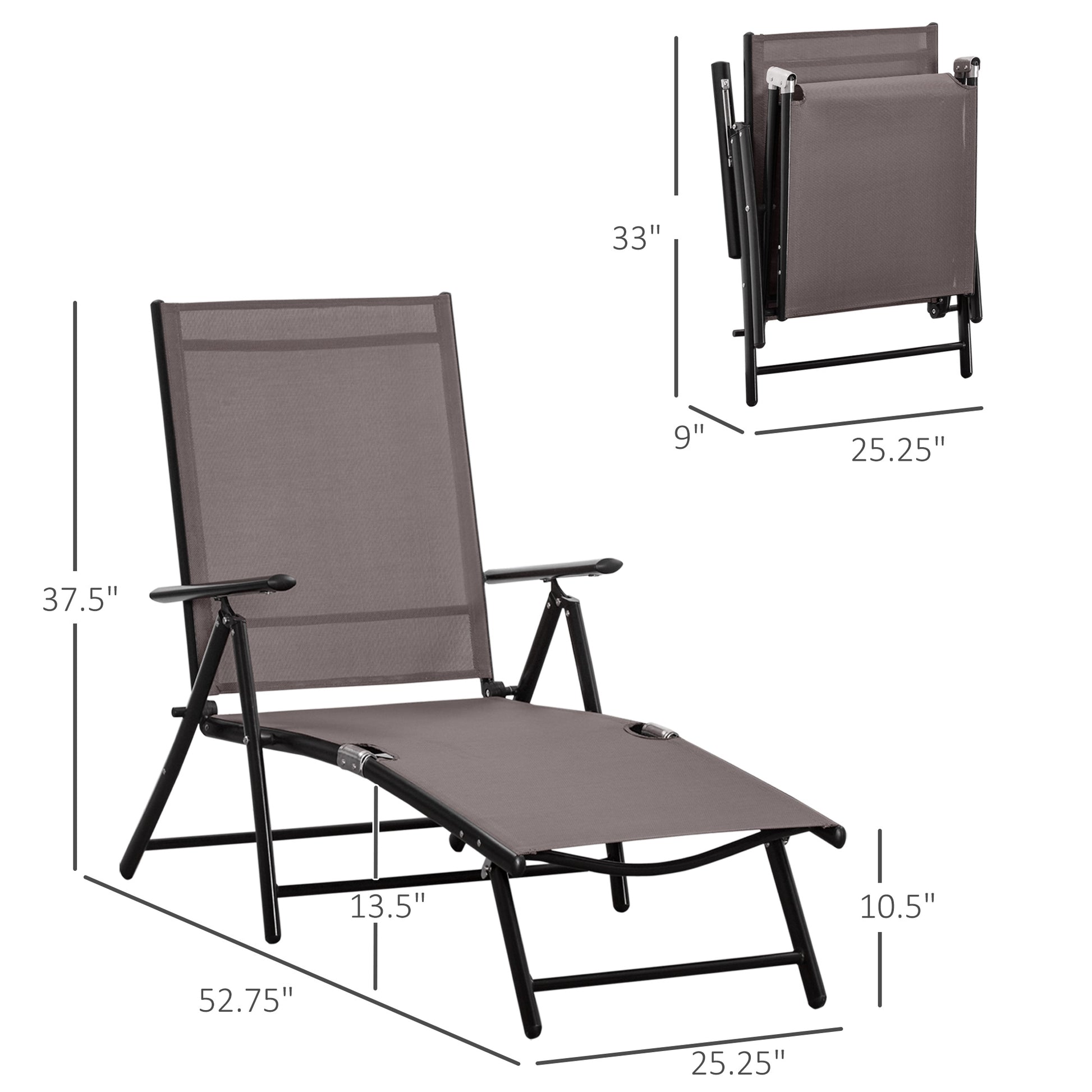 Outdoor Set of 2 Lounge Chair, Folding Reclining Garden Sun Lounger with Metal Frame, Adjustable Backrest for Patio, Deck, and Poolside, Brown Lounger Chairs   at Gallery Canada