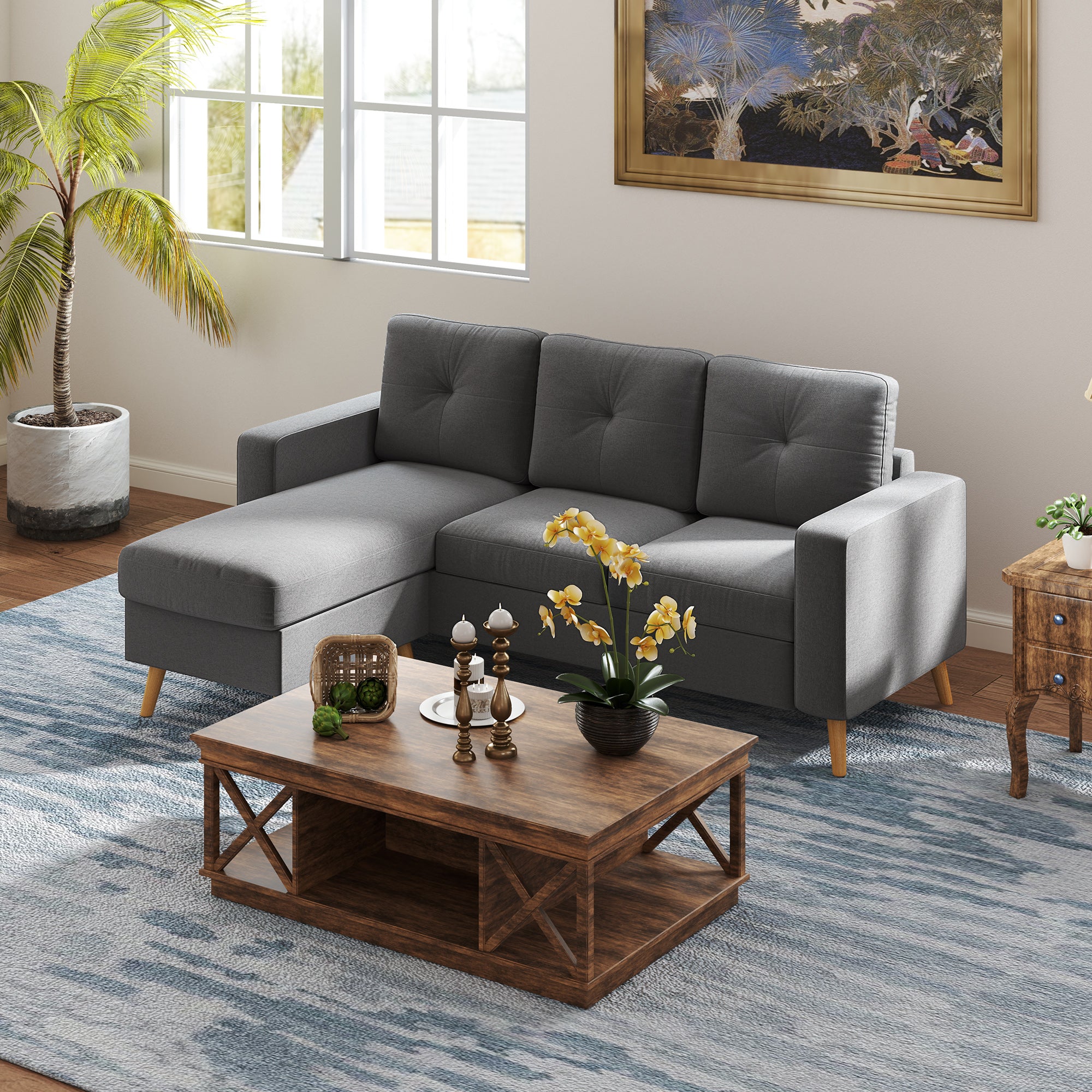 Sectional Sofa Couch, L Shaped Couch with Reversible Chaise, Wooden Legs for Living Room, Bedroom, Dark Grey 3-Seater Sofas at Gallery Canada