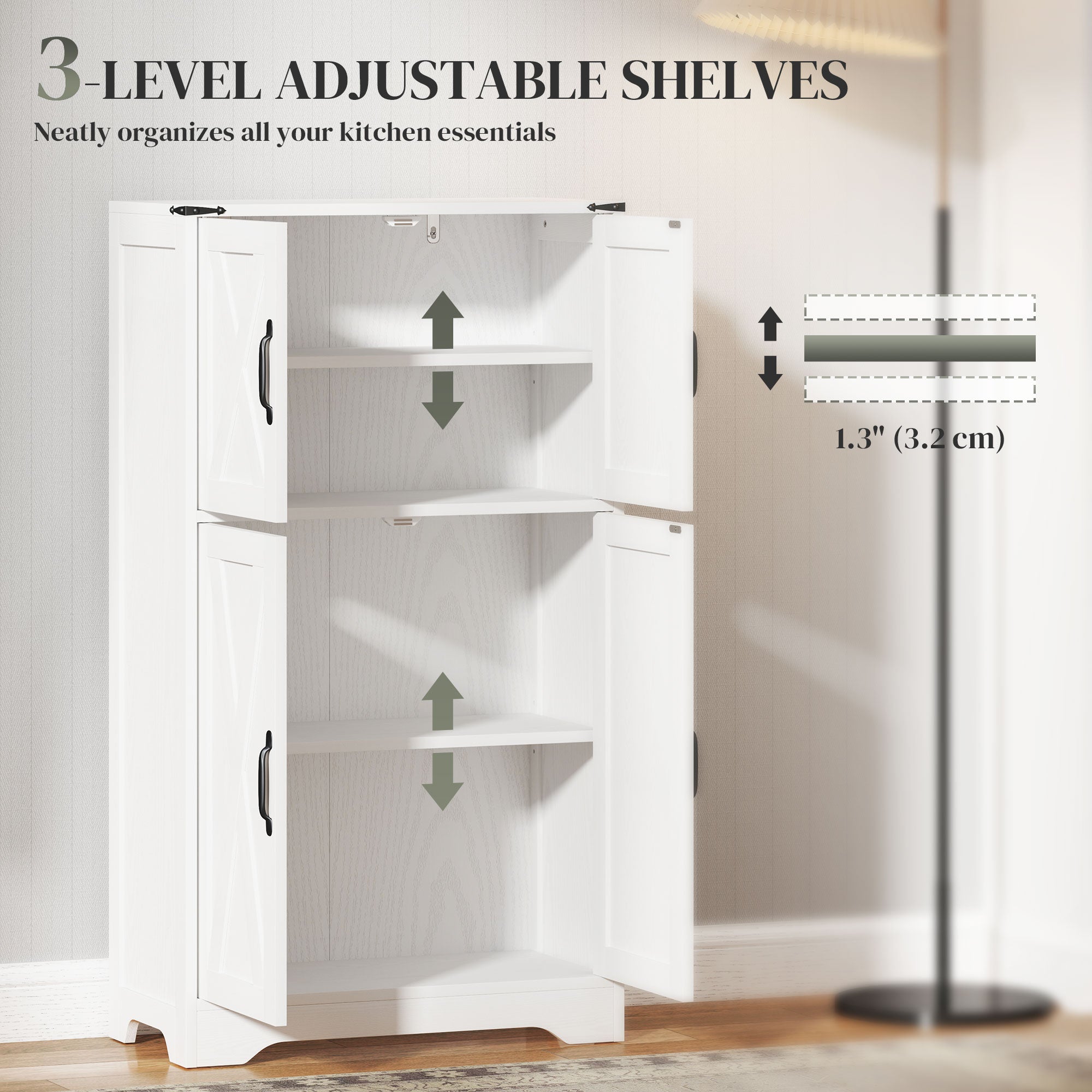 Farmhouse Kitchen Pantry, Freestanding Kitchen Pantry Storage Cabinet with Barn Doors and Adjustable Shelves, White Kitchen Pantry Cabinets at Gallery Canada