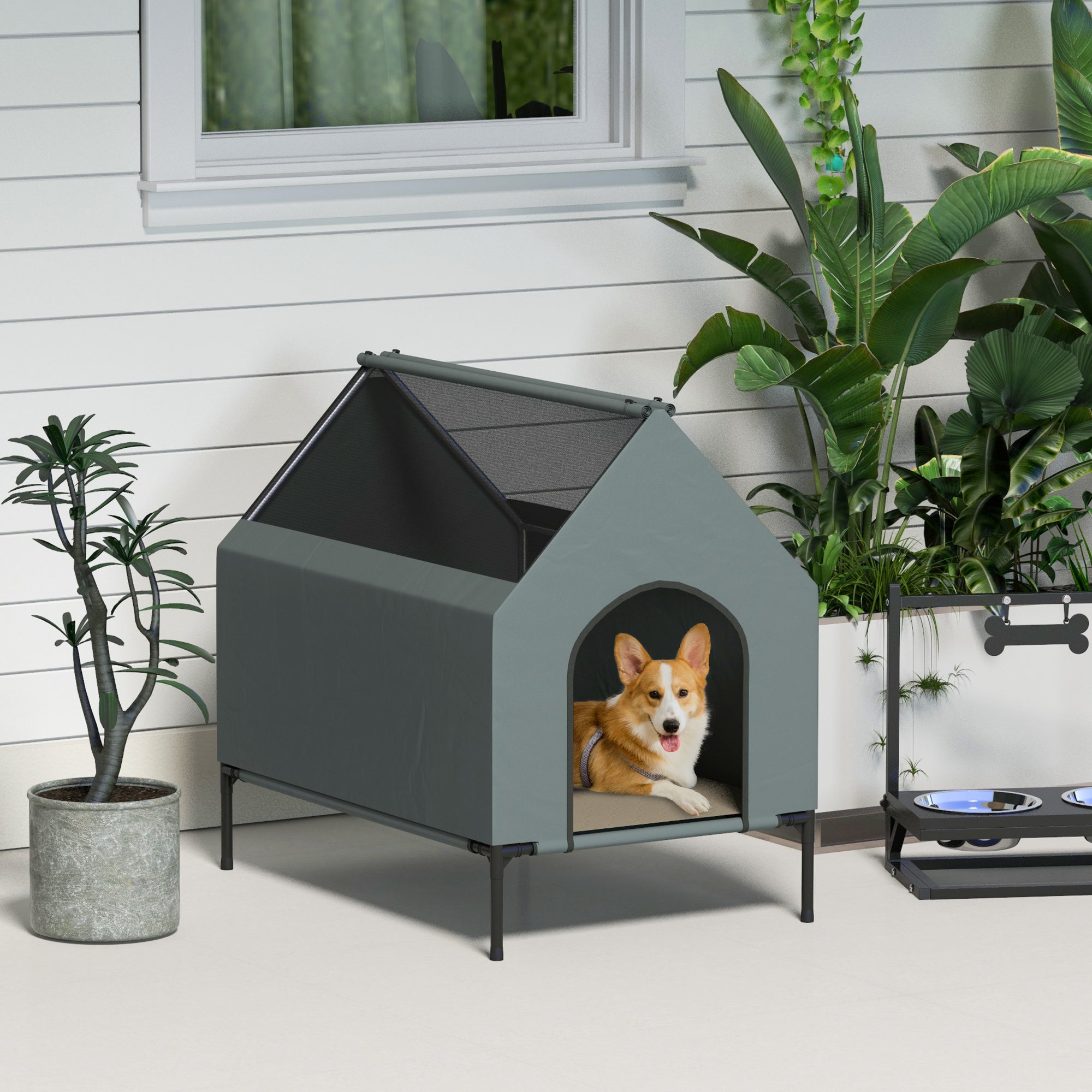 Dog House Outdoor Elevated Dog Bed with Removable Cover, Mesh Windows, Storage Bag, for S and M-Sized Dogs, Grey Houses, Kennels & Pens Multi Colour  at Gallery Canada