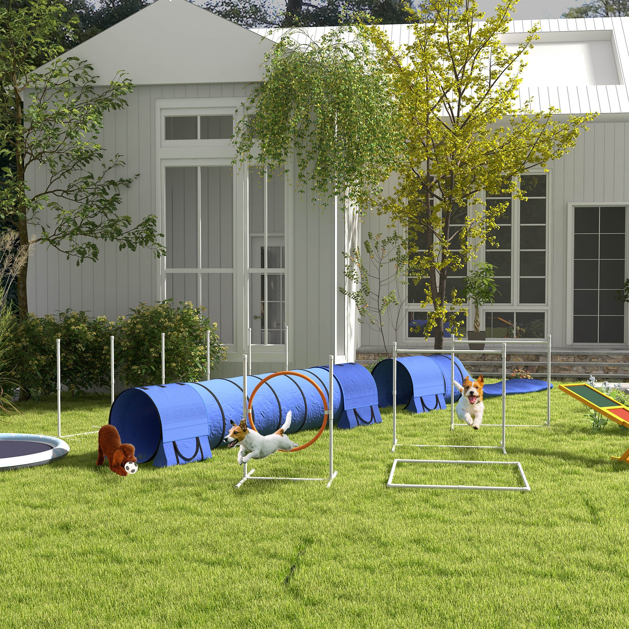 7 Pcs Dog Agility Kit w/ Tunnels, Weave Poles, Adjustable Hurdles, Jump Ring, Pause Box, Whistle, Carry Bag, Blue Dog Agility Training Equipment at Gallery Canada