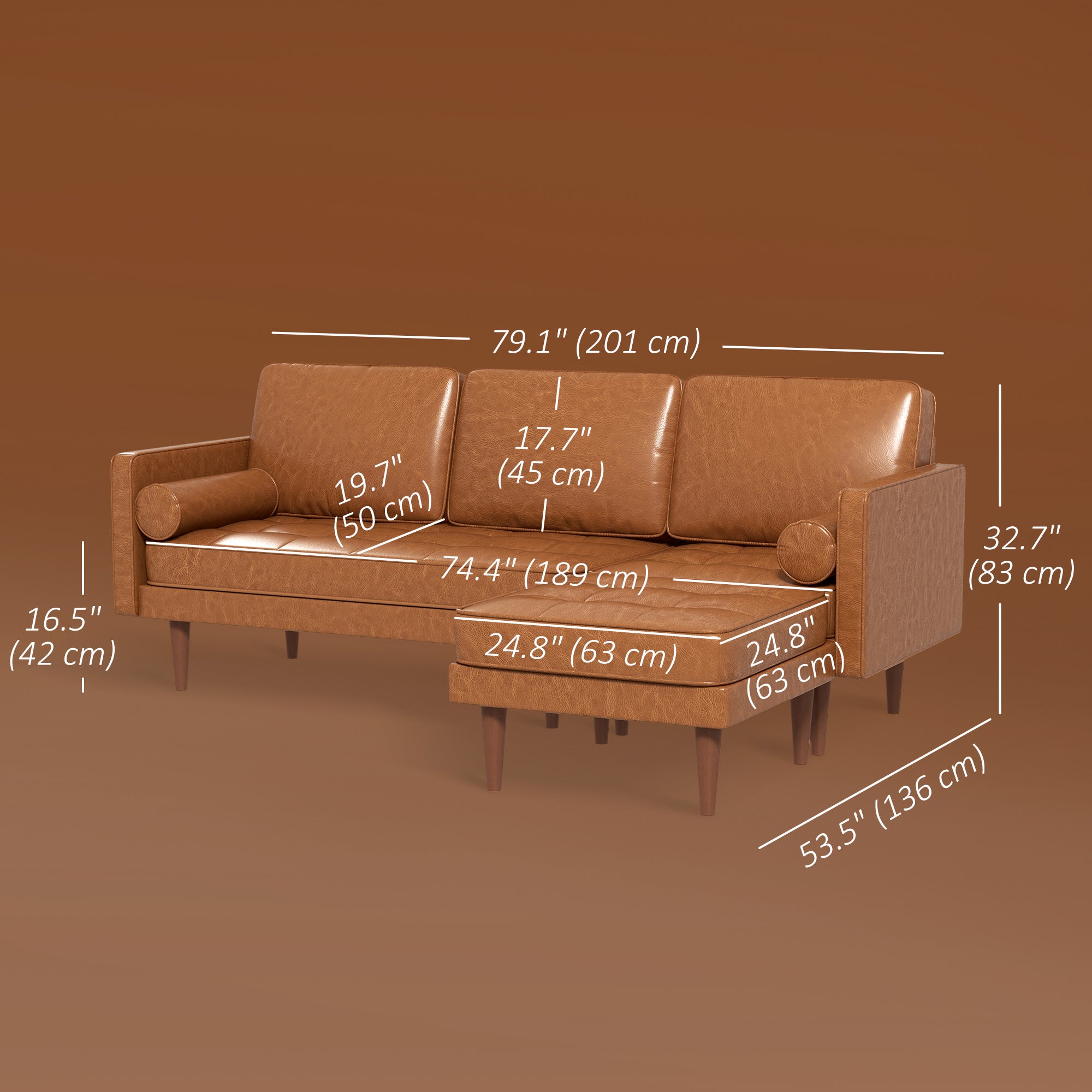 Faux Leather Sectional Sofa Couch L-Shaped Corner Sofa Set with Footstool and 2 Bolster Pillows, Brown 3-Seater Sofas   at Gallery Canada