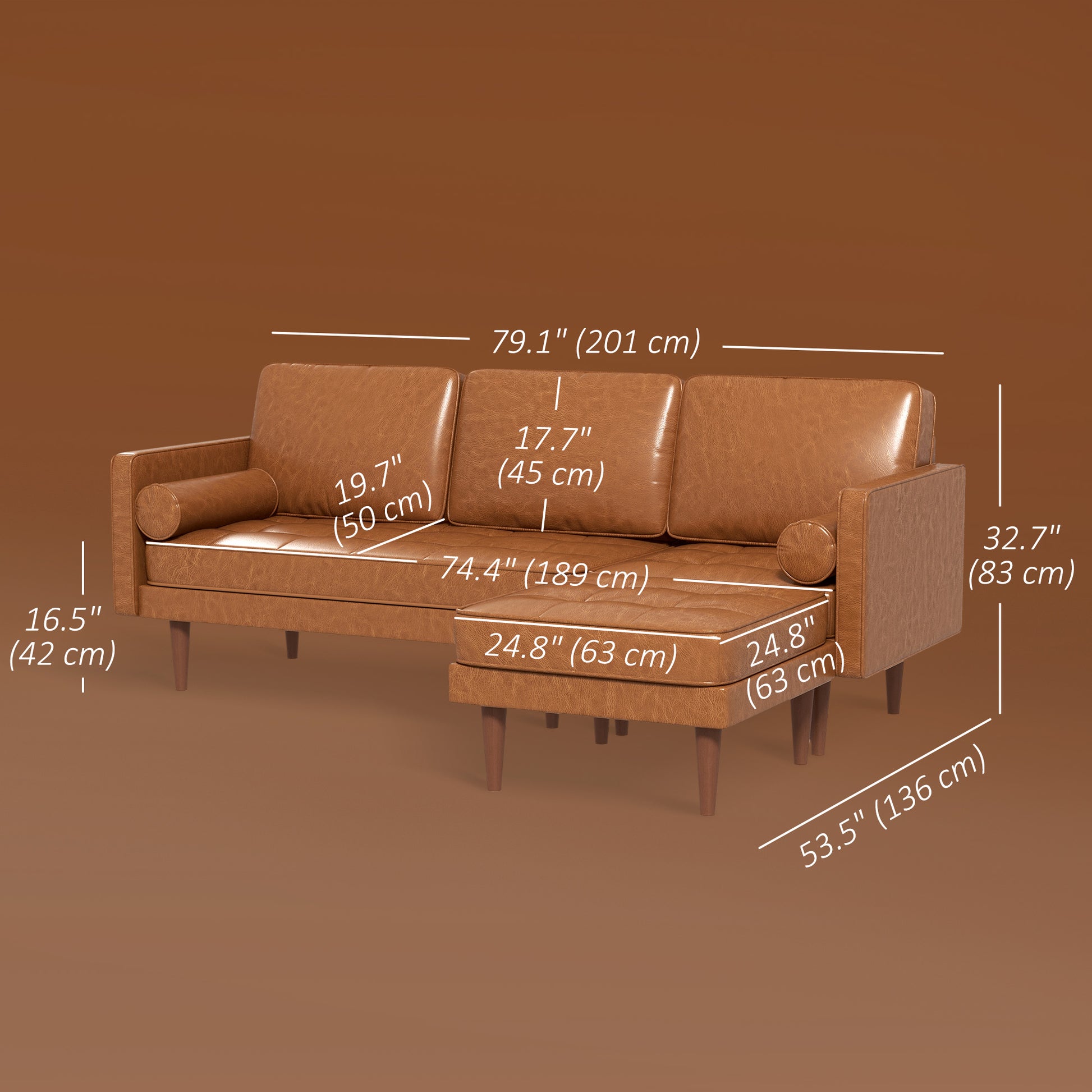 Faux Leather Sectional Sofa Couch L-Shaped Corner Sofa Set with Footstool and 2 Bolster Pillows, Brown 3-Seater Sofas   at Gallery Canada